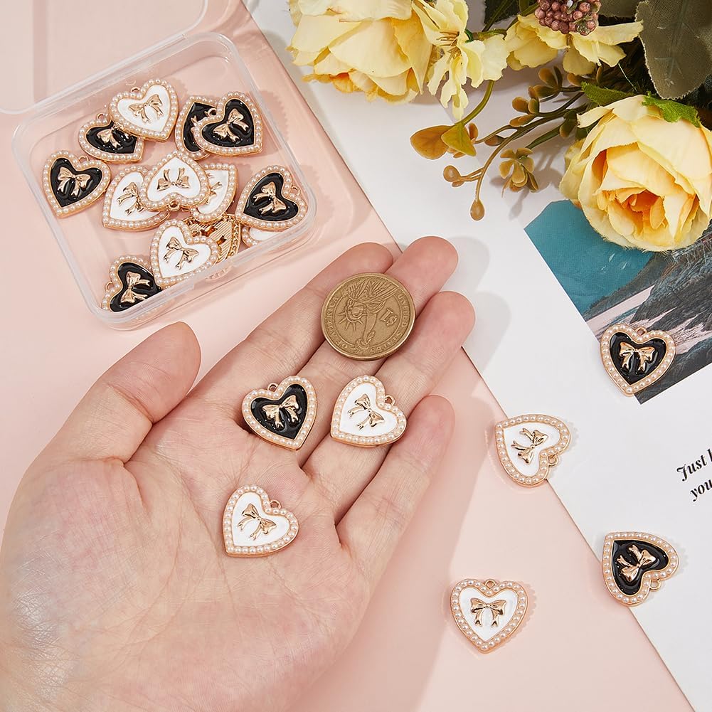 SUPERFINDINGS 20Pcs 2Colors Light Gold Heart with Bowknot Charm Tone Alloy Enamel Bow Pendants Rhinestone Bowtie Charms with Plastic Imitation Pearls for Handmade Jewelry Making Crafts, 21x21mm - Image 3