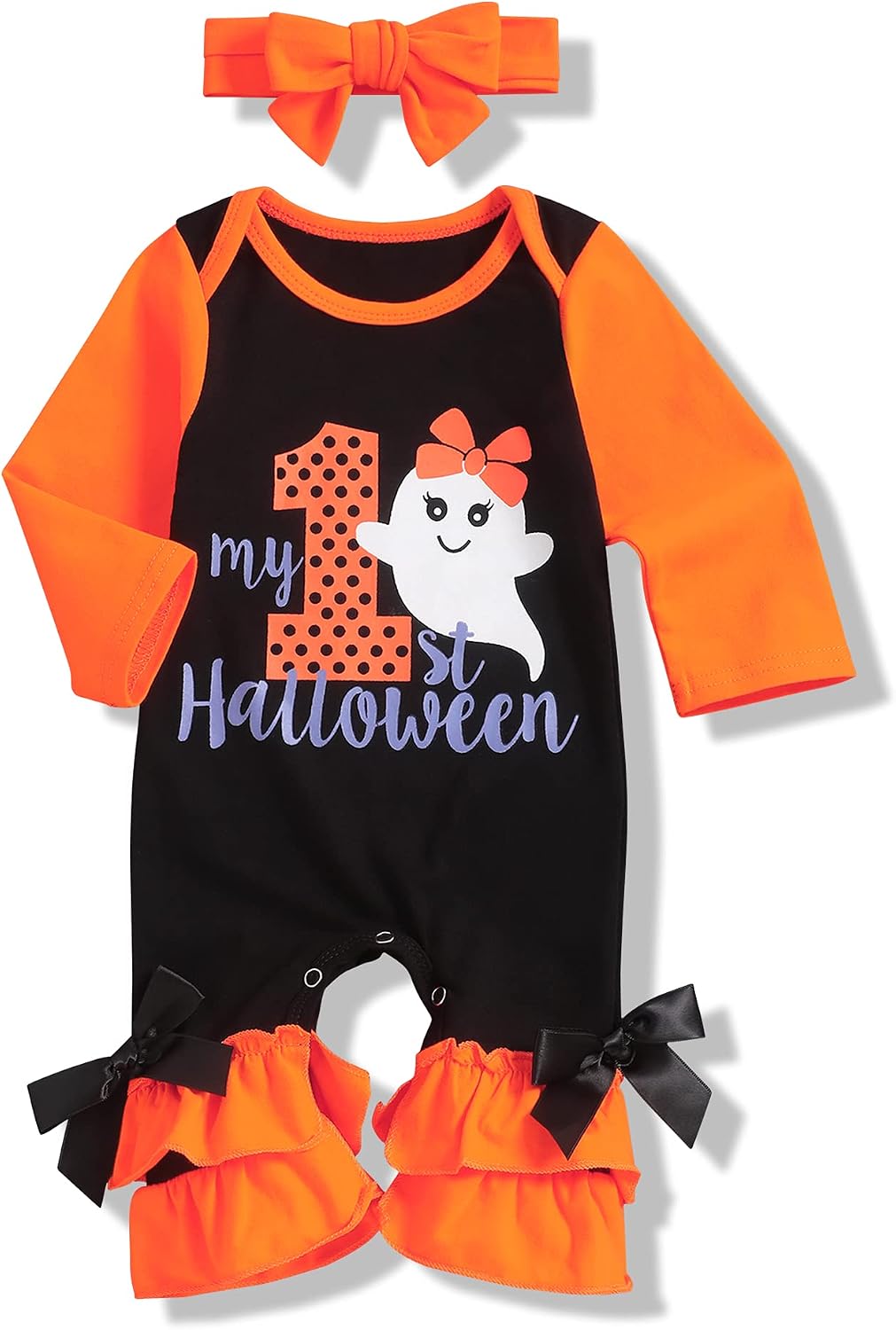 TUEMOS Baby Girl Halloween Bodysuit with Headband - First Halloween Clothes Set