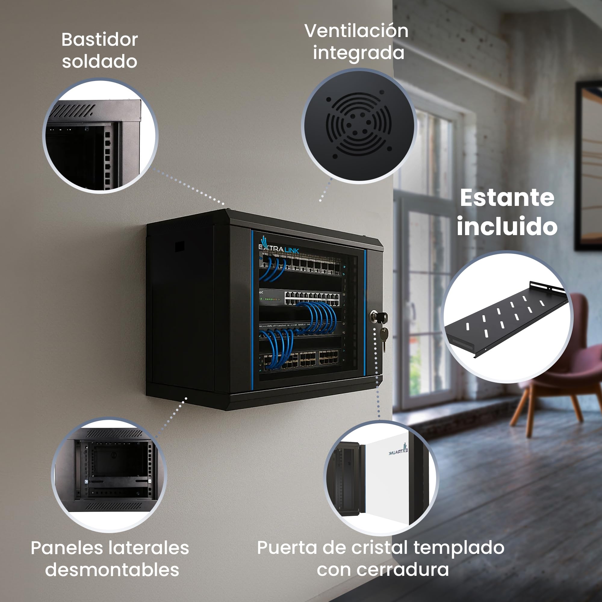 Extralink Armario Rack de 19" 6U - Armario de Red de 400 mm, Estante Incluido, Montaje en Pared o Suelo, hasta 60 kg, Apertura de 180°, Negro - para Red doméstica y Equipos informáticos