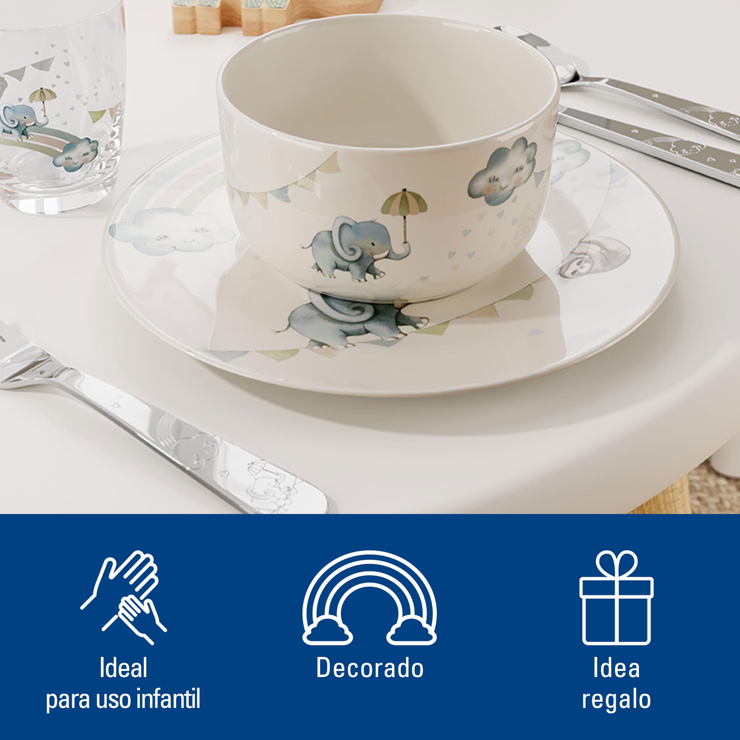 Villeroy & Boch - Walk like an Elephant Set de Vajilla Infantil 7 Piezas Azul, Apto para Lavavajillas, Apto para Microondas, Cubiertos Infantiles, Cubiertos para Niños, Plato, Porcelana Premium