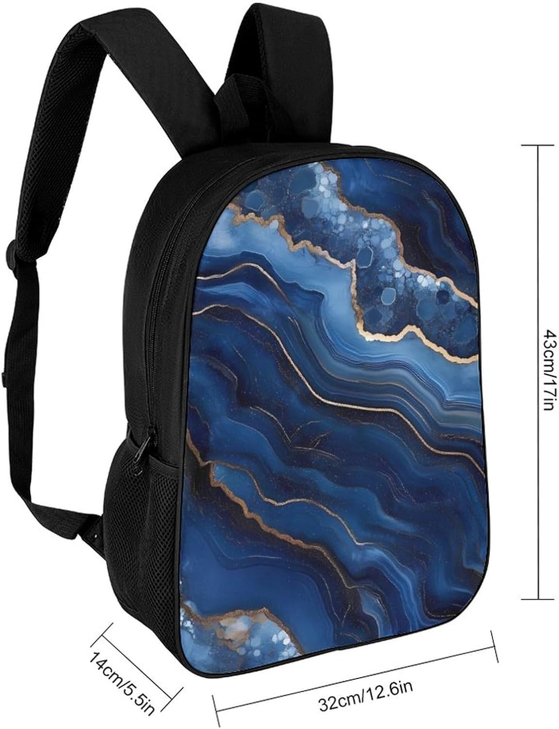 Gold Dark Blue Agate Print Travel Backpack 17 Inch Casual Daypack Shoulder Bag with Adjustable Shoulder Straps