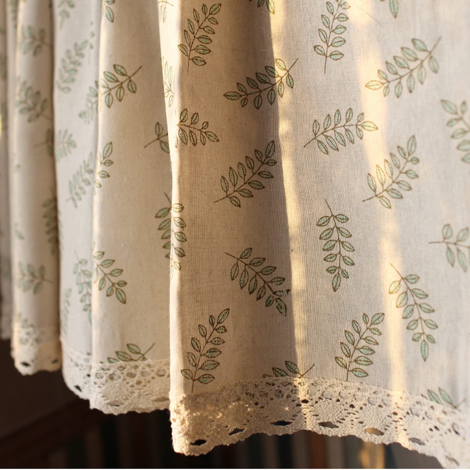 A.Monamour Cortina Cocina Ventana Puerta Corta Pequeña Beige Algodón Lino Verde Hoja Retro Rústico Cortijo País Opaco Bolsillo para Varilla Panel Cenefa Rustica Bistro para Dormitorio Café Baño