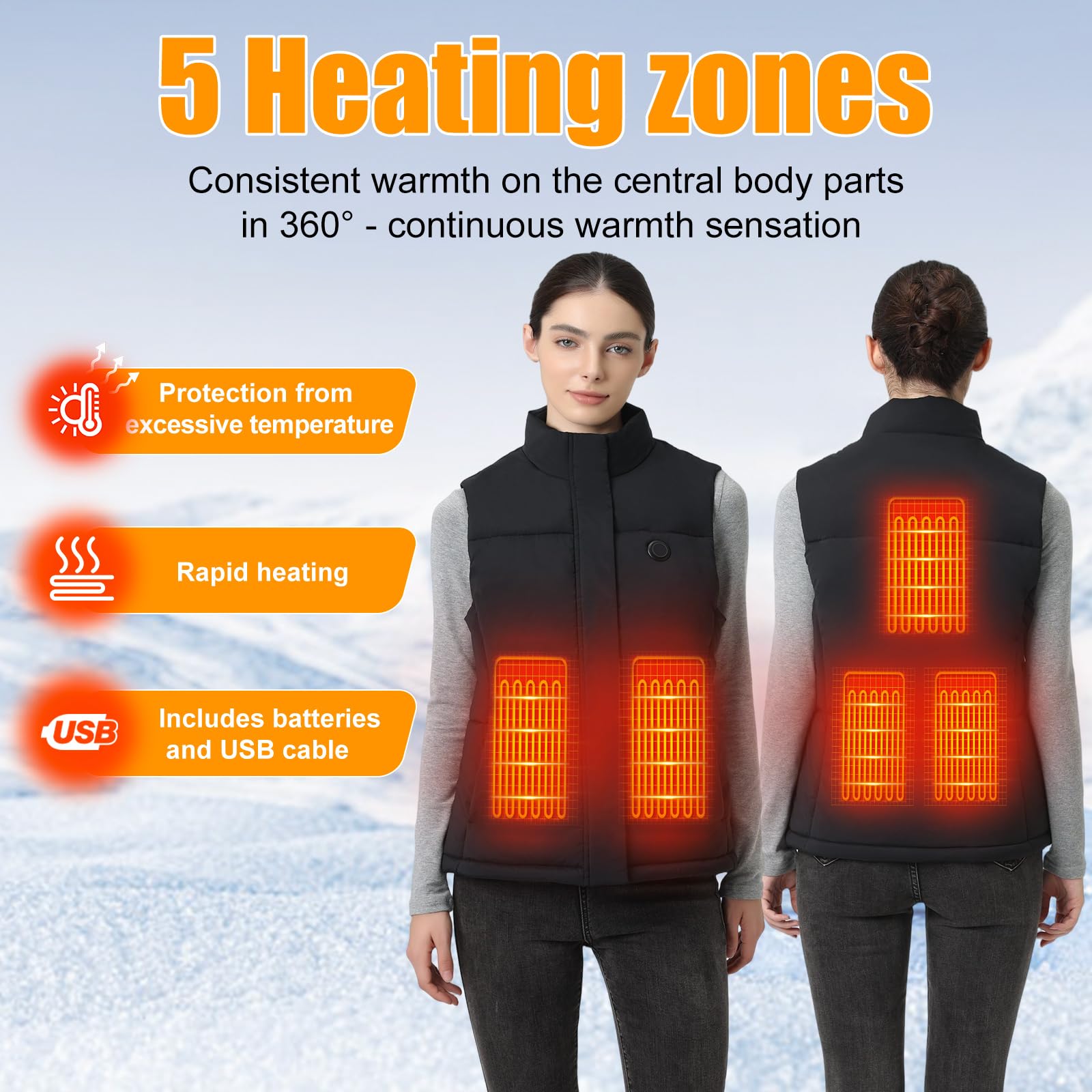 Chaleco Calefactable Mujer: 3 Temperatura Ajustable & 5 Zonas Calefactables, Chaleco Térmico Mujer Equipado con Batería USB de 10000 mAh, Ideal para Acampar Actividades al Aire Libre