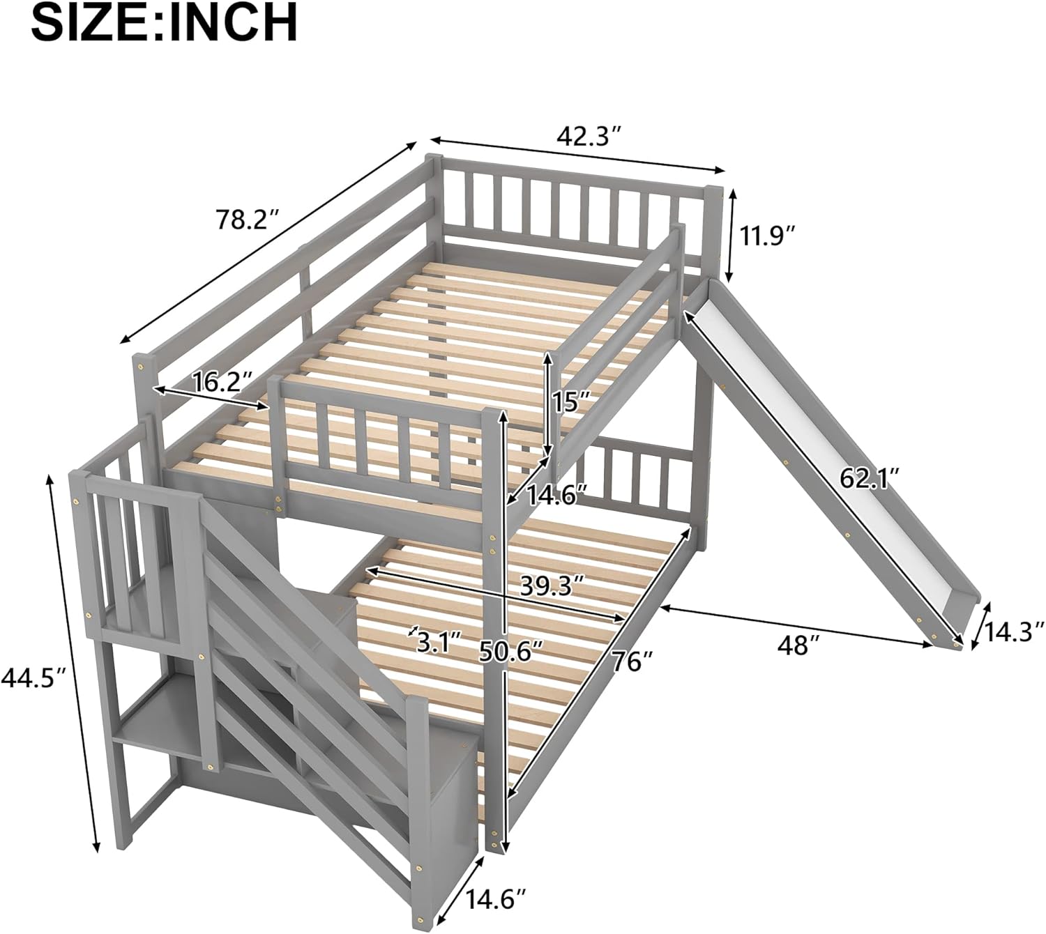 Dimensional diagram of the SOFTSEA Twin Over Twin Floor Bunk Bed