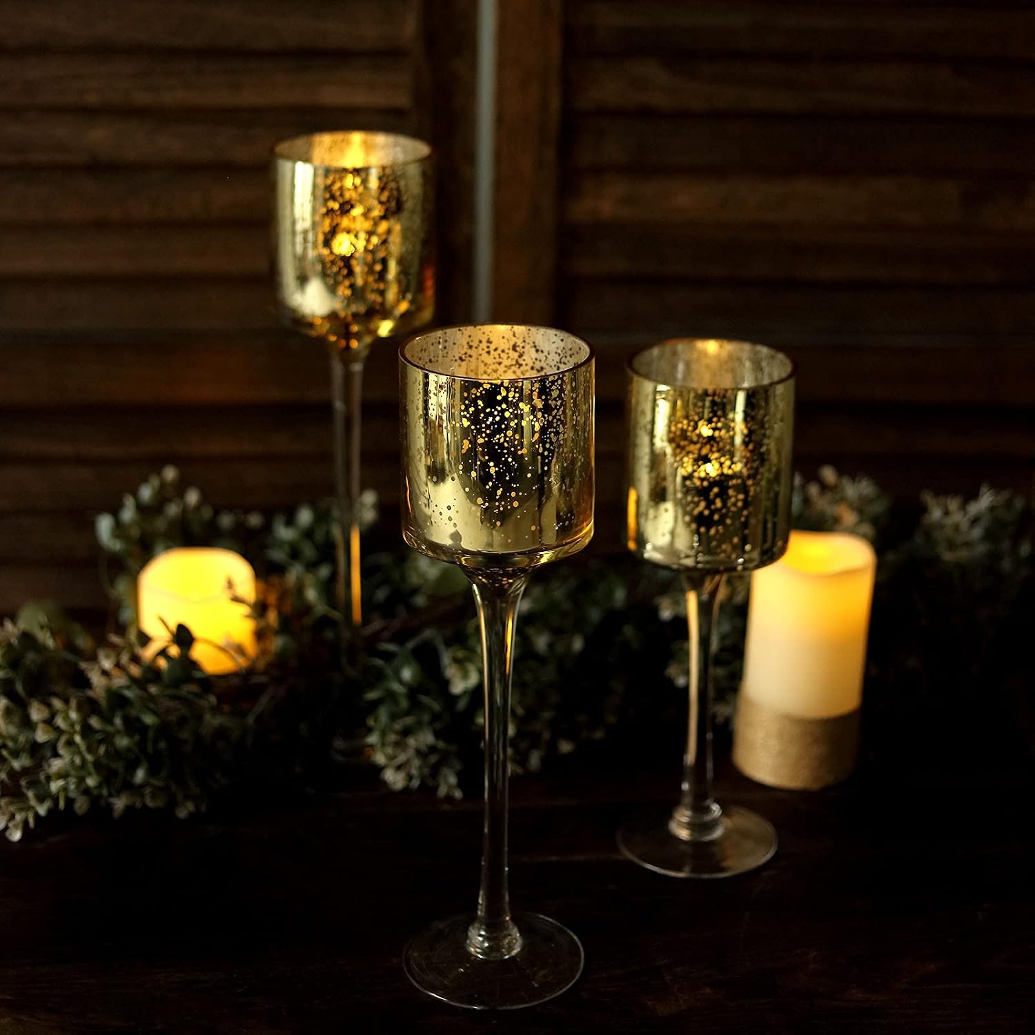 Set of 3 - Long Stem Mercury Glass Cylinder Vase, Candle Holder Set Wedding Decor - 12"|14"|16" - Gold