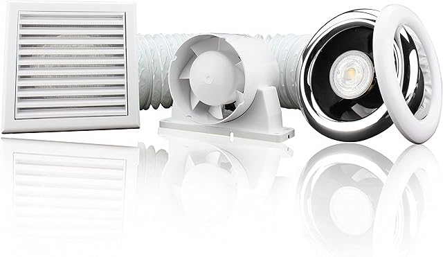 Blauberg UK 4 inch Complete Shower Kit with LED Light 12v Bulb (Run on Timer) Chrome & White Bezel Low Noise for Damp Condensation Control Bathroom Toilet Kitchen
