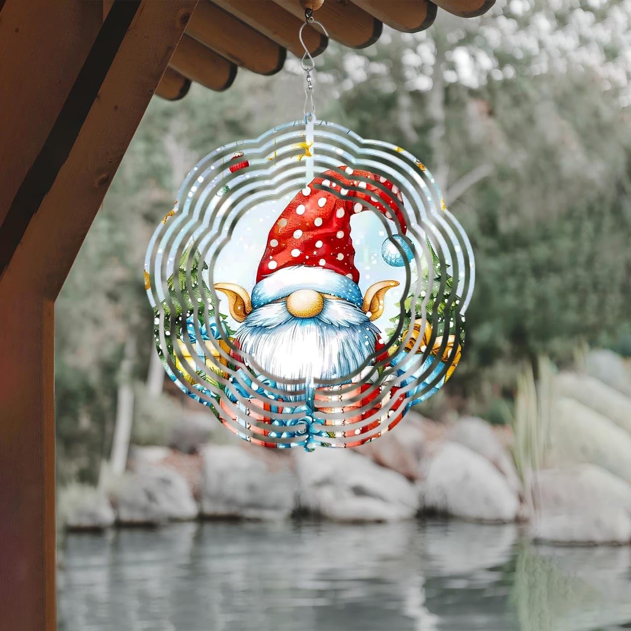 Gnome Gifts Pine Tree Christmas Wind Spinners 3D Stainless Steel Laser Cut Metal Double Sided Printing-Hanging Indoor/Outdoor Decorations Yard Gardening Decor,Metal Kinetic Art 16x16 inches