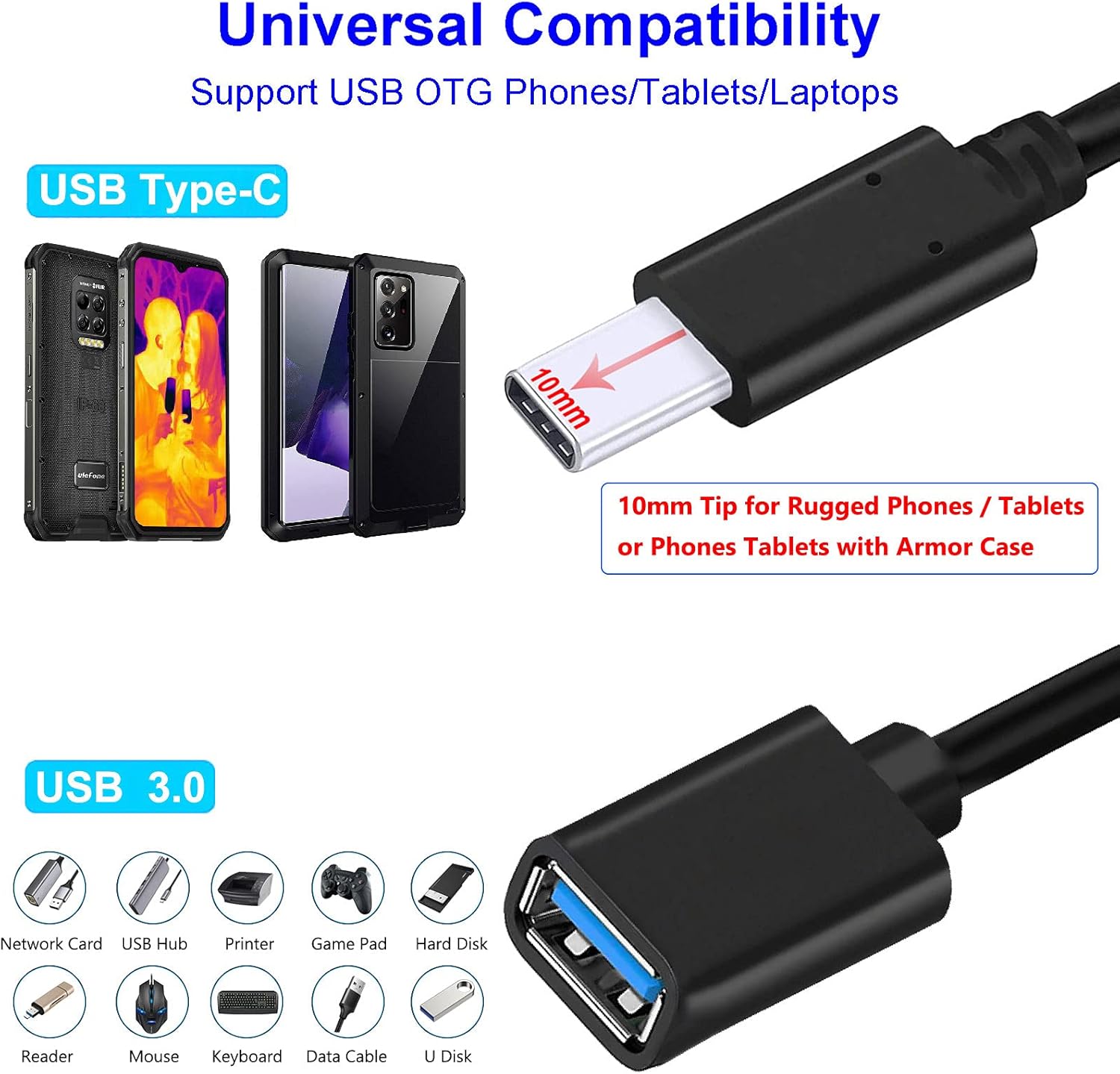 USB C to USB 3.0 Adapter, 10mm Tip Type C OTG Cable Compatible with iPhone 16 Pro Max 15 Plus,MacBook Pro|Galaxy Tab S9 A9+ S25 S24 S23 Ultra & Rugged Phone Tablet or Device with Deep Recessed Port