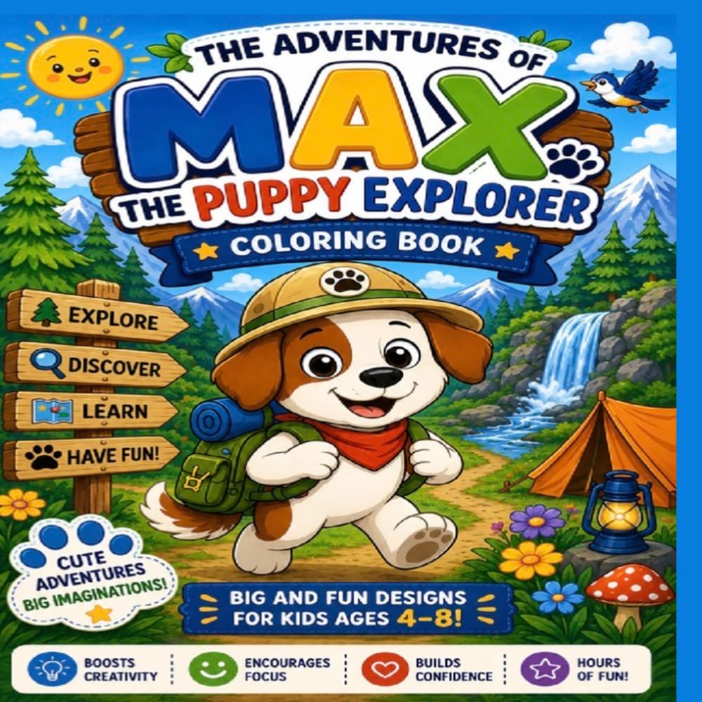 The adventure of max the puppy explorer: Cute Adventures and Fun coloring book for kids Ages 4-8