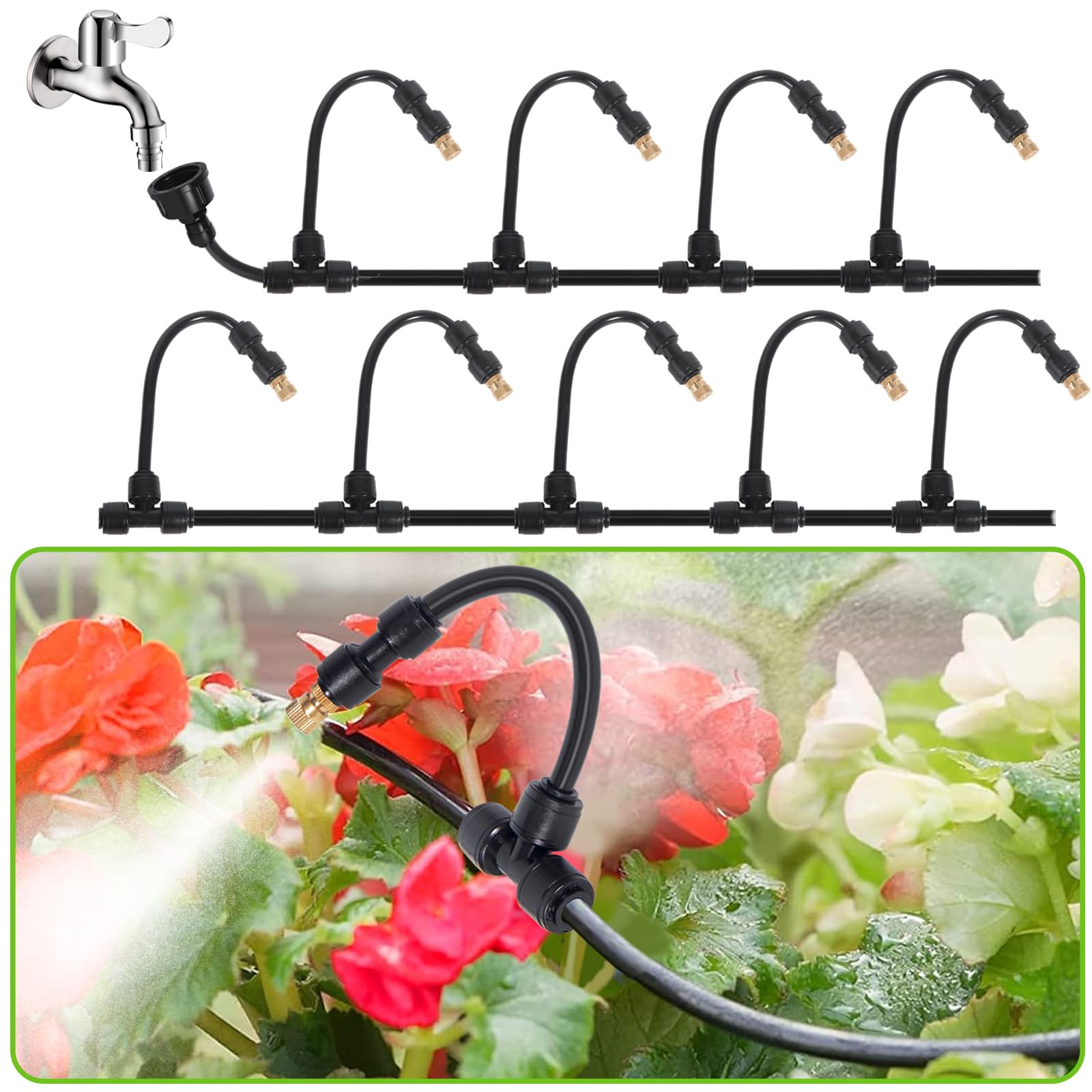 16M Outdoor Mister, 64 szt. Zestawy do nawadniania System zamgławiania z 18 dyszami do mgły ze złączem T + 1 adapter (mosiądz, 3/4") do imprez plenerowych, ogrodów