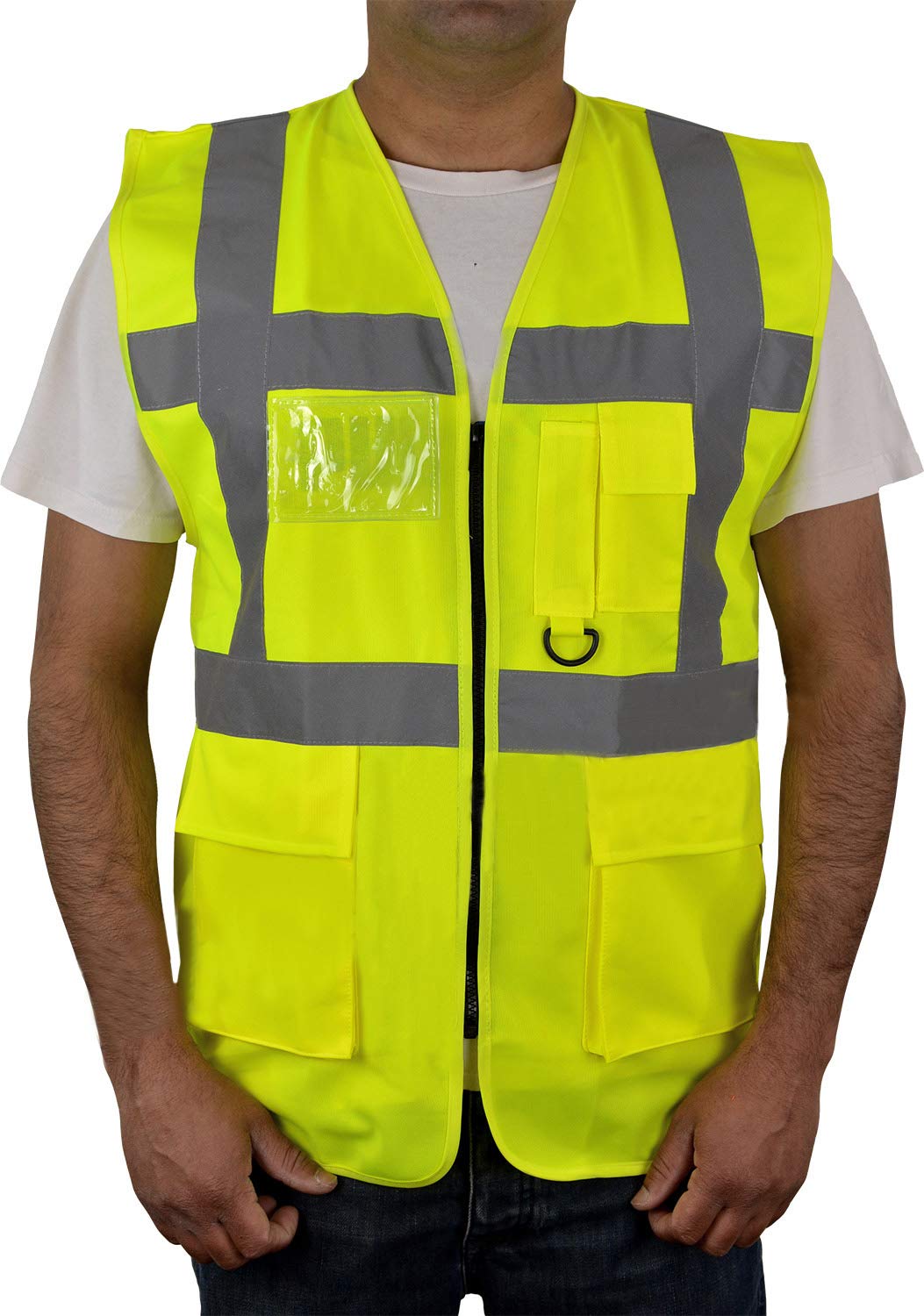 High Visibility Vest Executive Vests Work Safety Zip Closure Multi Pockets Waistcoat (Large, Yellow)