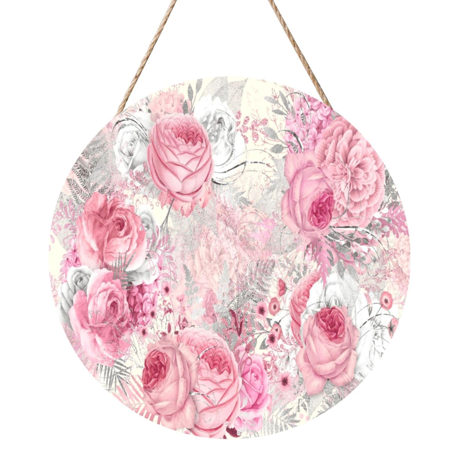 InOmak Pink Rose Flowers, Round Wood Panel Painting 12 in, Wall Hanging Painting For Home