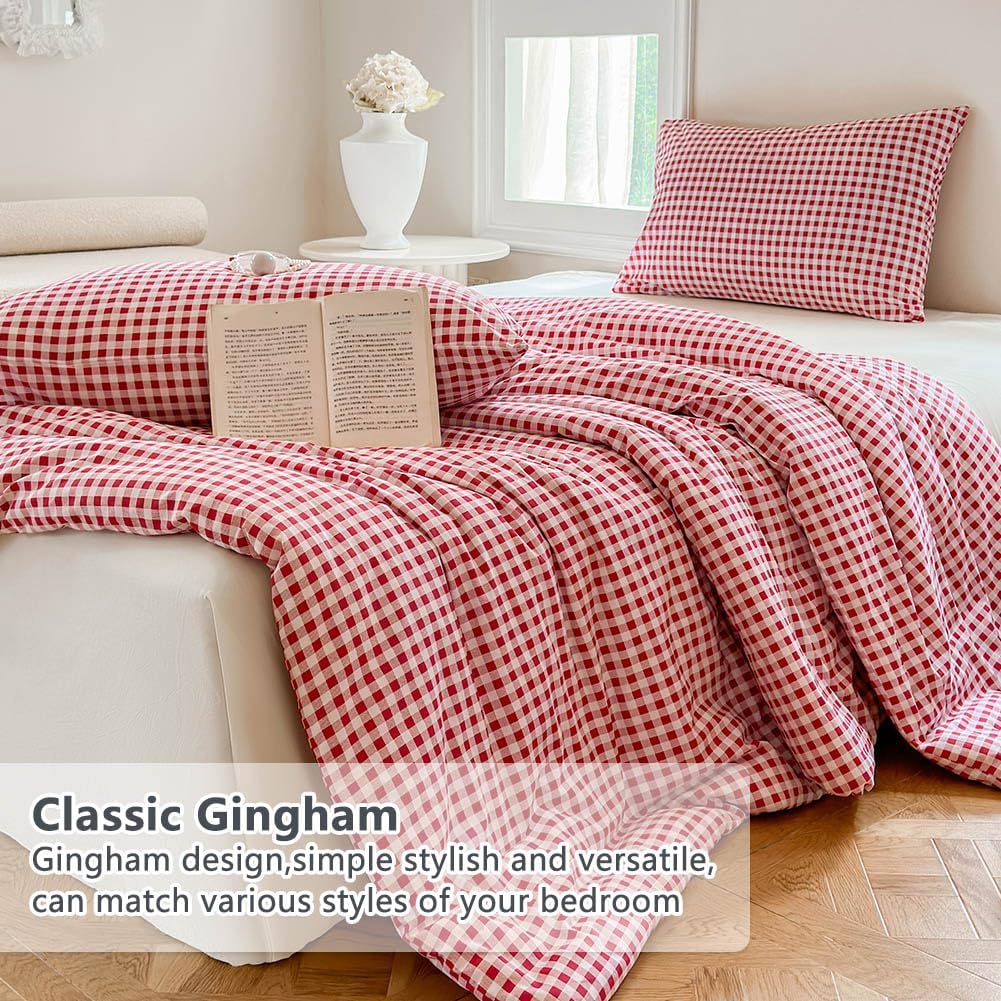 NSNLGSGC Red Gingham Cotton Comforter Set Queen, 100% Washed Cotton Plaid Checked Comforter Bedding, 3 Pieces Vintage Farmhouse Grid Bedding Set(Red Gingham, Queen) - Image 4