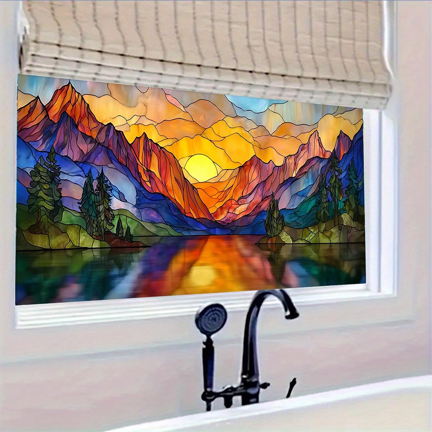 HOMETITUTE Stained Glass Mountain Sunset Pattern Static Cling Window Film Non-Adhesive Window Film 39.3x17.7 inches Removable Reusable for Glass Door Home and Office Bedrooms