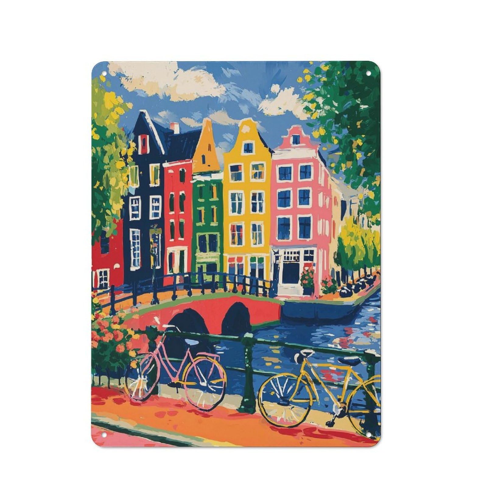 Junmoney Style-15 Colorful Amsterdam Canal Scene With Bicycles Urban Metal Wall Decor 40X30cm, Metal Wall Art Sign For Loft, Studio, Office Or Creative Room