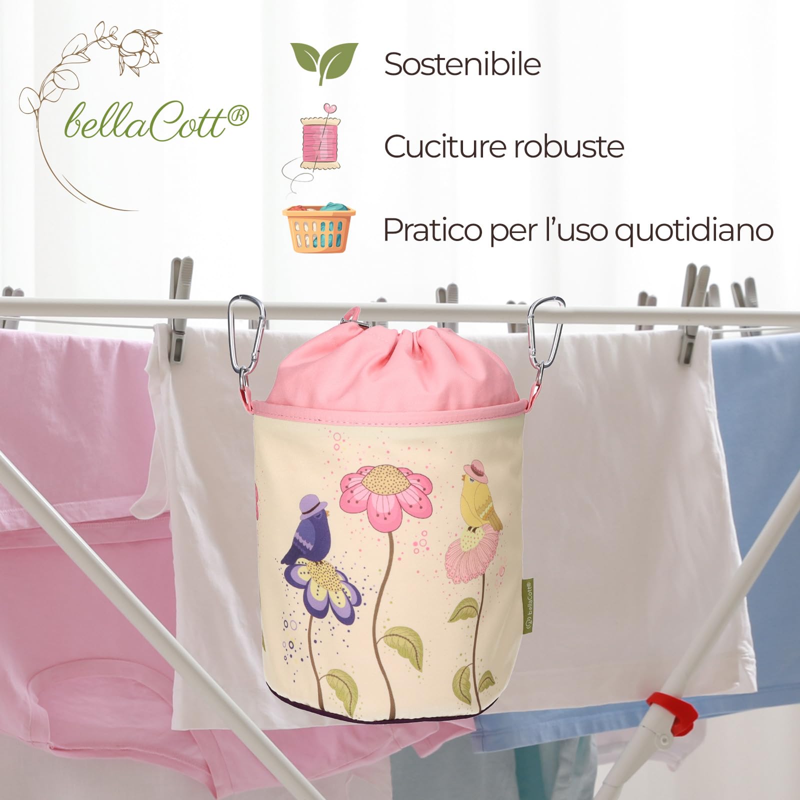 96 mollette colorate Softgrip antiscivolo, extra resistenti, con sacchetto per mollette bellaCott in cotone con motivo a fiori di uccello