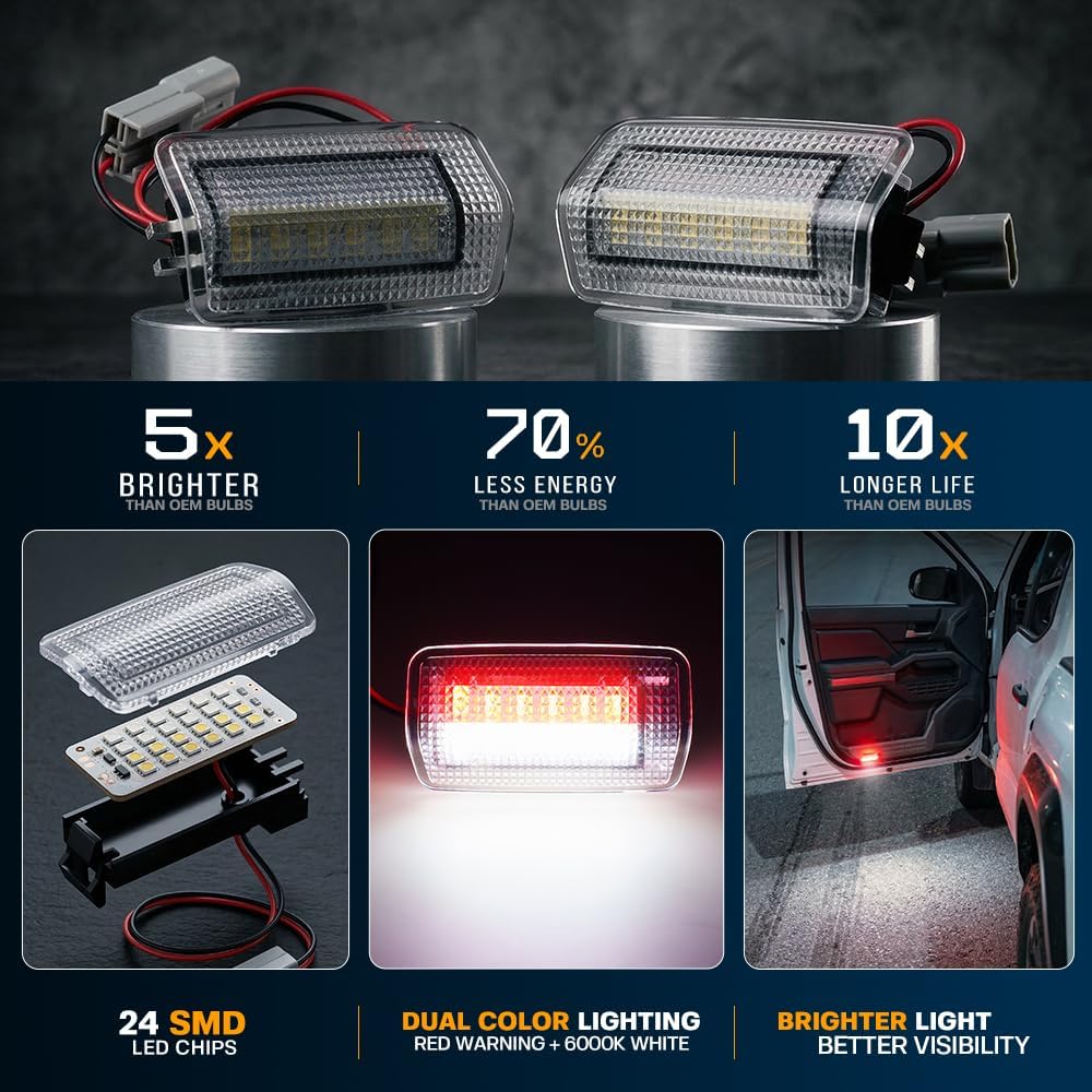 2Pcs LED Interior Door Light for To'yota 4Runner Tacoma Tundra Sequoia Le'xus ES LS RX GX550 LX NX LC RZ 6000K White Red LED Courtesy Warning Door Panel Lights Error Free