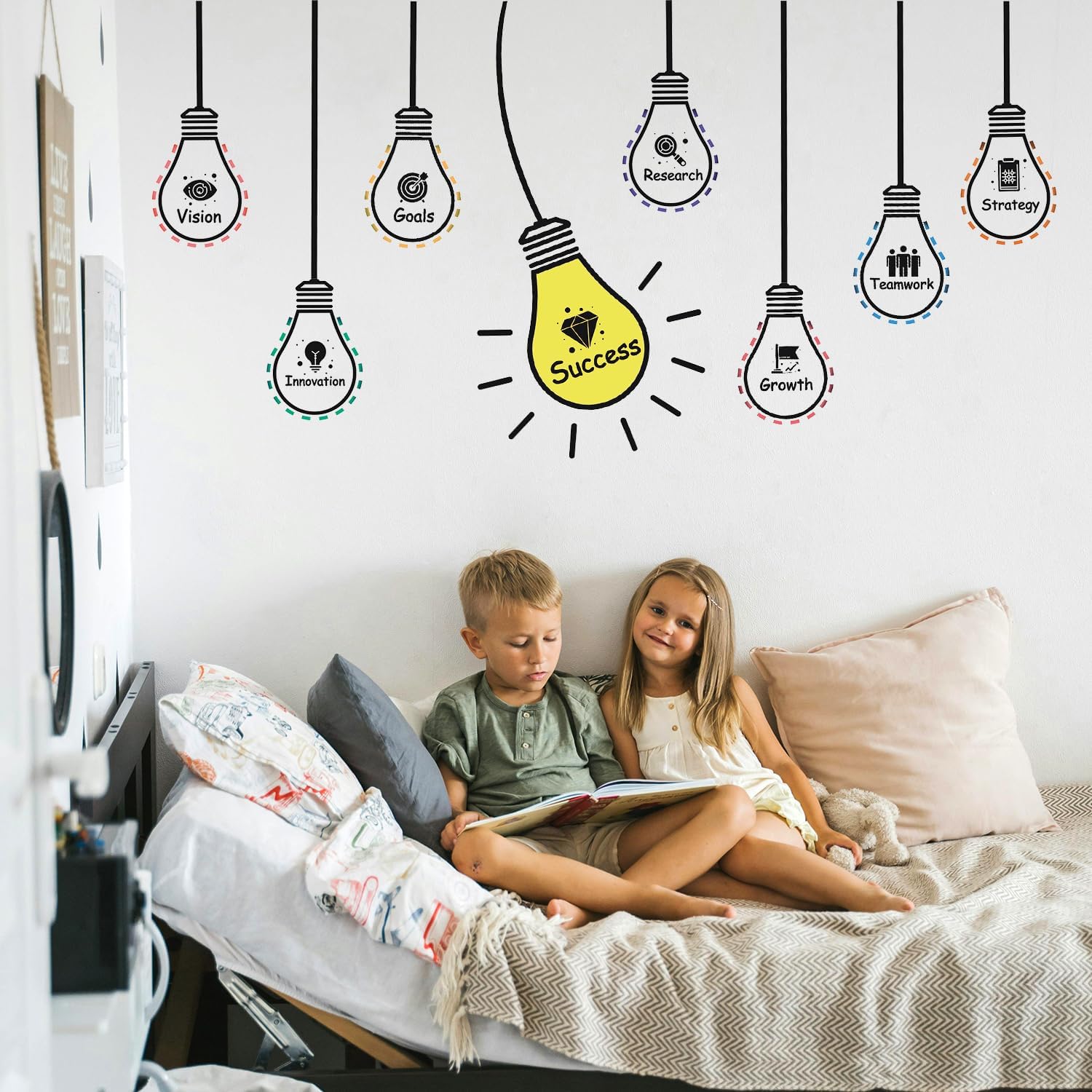 HLNIUC Positive Words Wall Decal 25PCS Success Teamwork Wall Sticker Minimalist Inspirational Lettering Artwork Motivational Saying Art Sticker Light Bulb Themed Wall Decor for Classroom Office