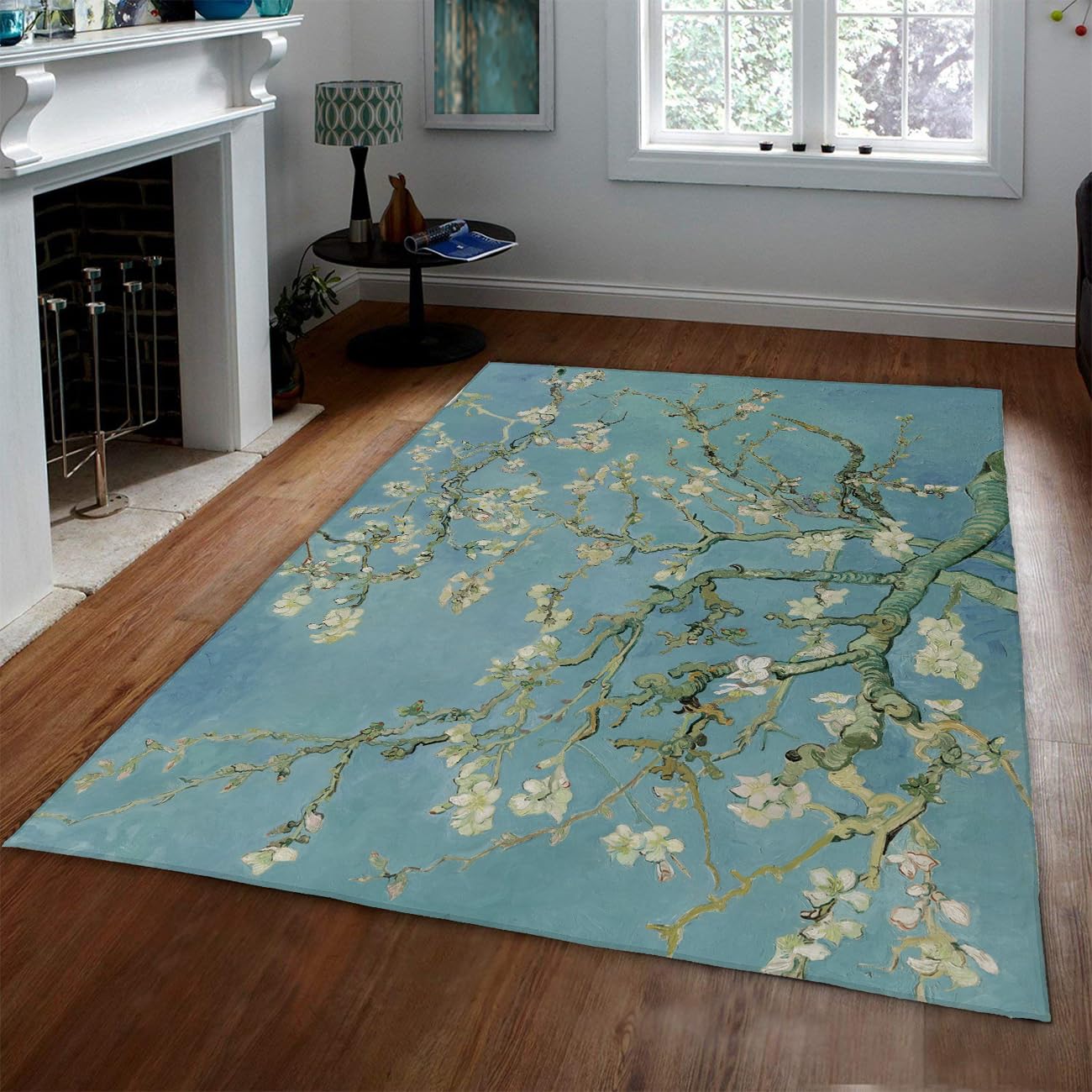 Tapis de fleur d amandier 60x90cm vert sauge et turquoise lavable pour salon