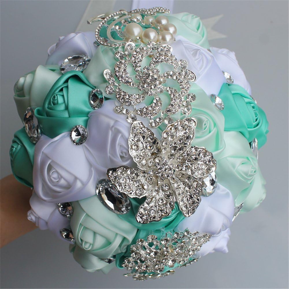 USIX Handcraft Crystal Satin Rose Brooch Bridal Holding Wedding Brooch Bouquet, Lace Decorated Wedding Flower Arrangements Bridesmaid Bouquet(Navy)