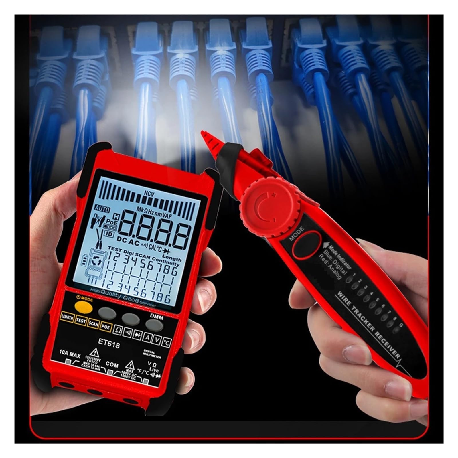 ET618 PRO 2 W 1 Tester Kabli Sieciowych 600M Długość Analogi Cyfrowe Wyszukiwanie POE Kabel Testowy Parowanie Ręczny LCD Wiremap Tracker Dokładna Szybka Diagnostyka