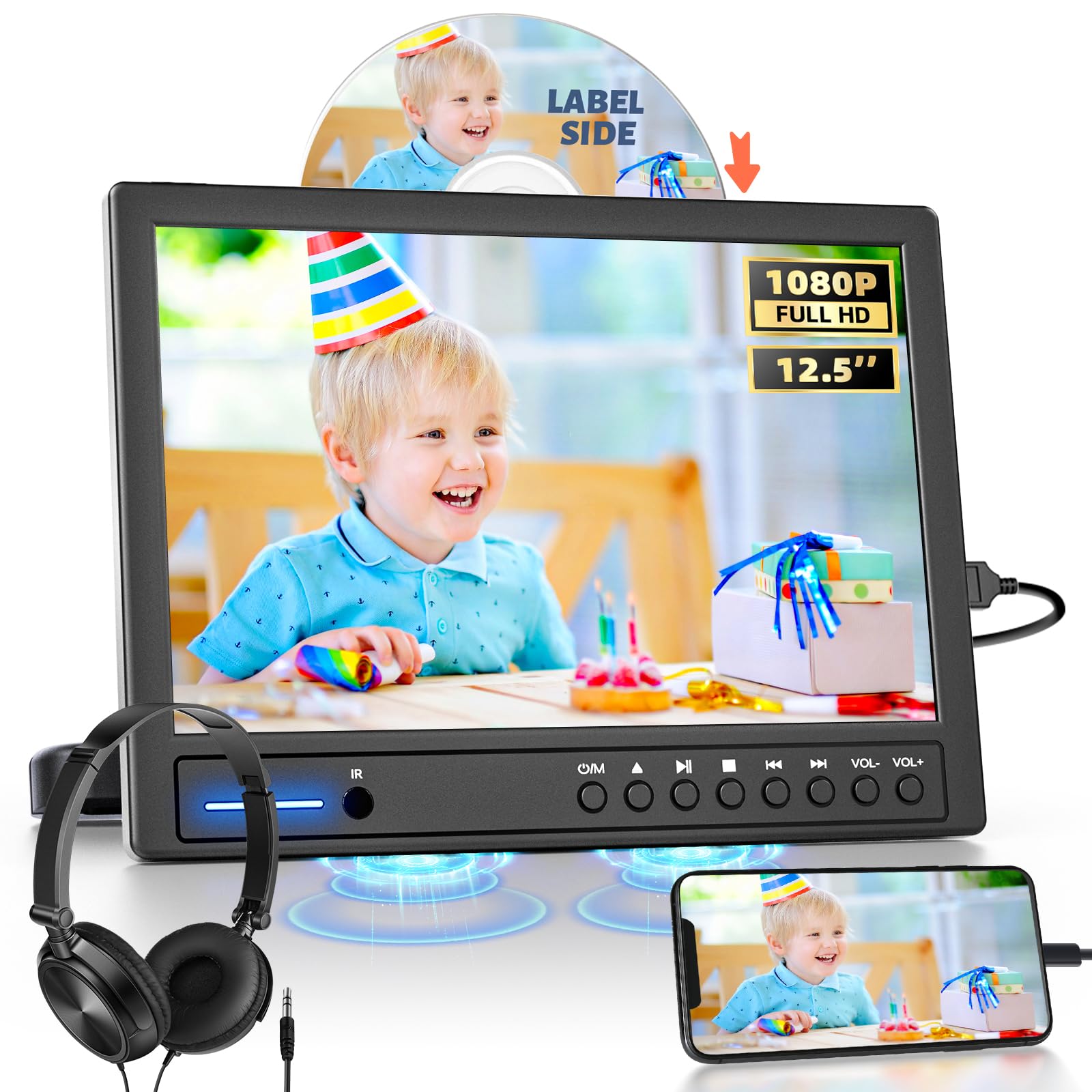 Arafuna Lettore DVD Portatileda 12,5" Dual Auto, TV per Auto Ingresso HDMI, AV-in e Out, Lettore di Schede USB/SD, Ultima Memoria