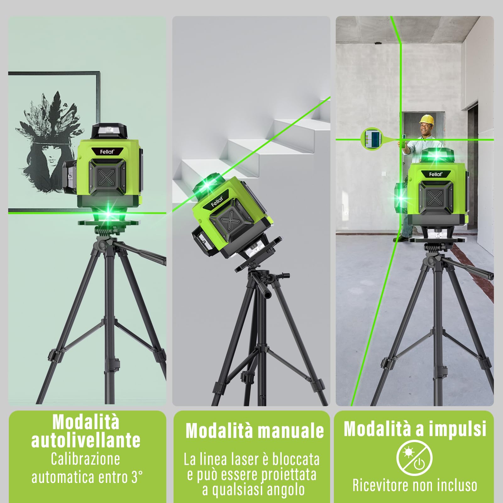 Livella Laser, FELLAT 4x360° Livello Laser Verde Autolivellante con 2 Batterie Ricaricabili da 4800 mAh, Telecomando, Base di Sollevamento, Supporto Magnetico Rotante
