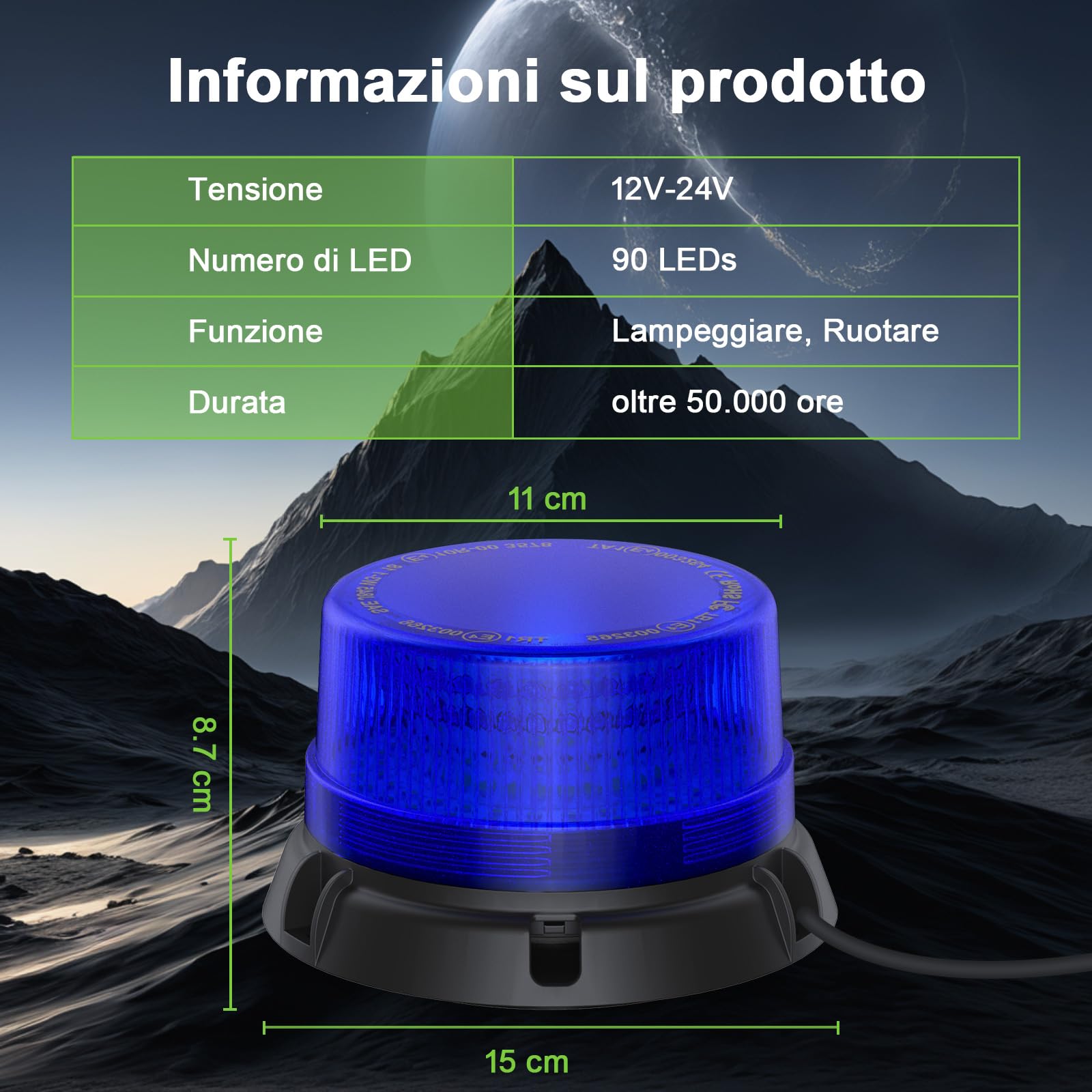 Lampeggiante Blu a 90 LED con Magnete - Luce di Avvertimento 12V 24V, cavo da 2,8 m, Impermeabile IP65, 2 Modalità per Camion, Attrezzature Edili, Agricoltura