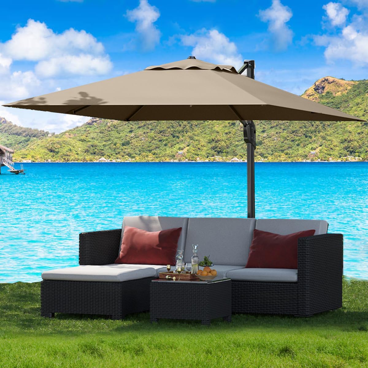 Large Cantilever Patio Umbrella, 10' X 10' Heavy Duty Aluminum Cantilever Offset Outdoor Umbrella with 360-Degree Rotation for Backyard, Deck, Pool, Tan