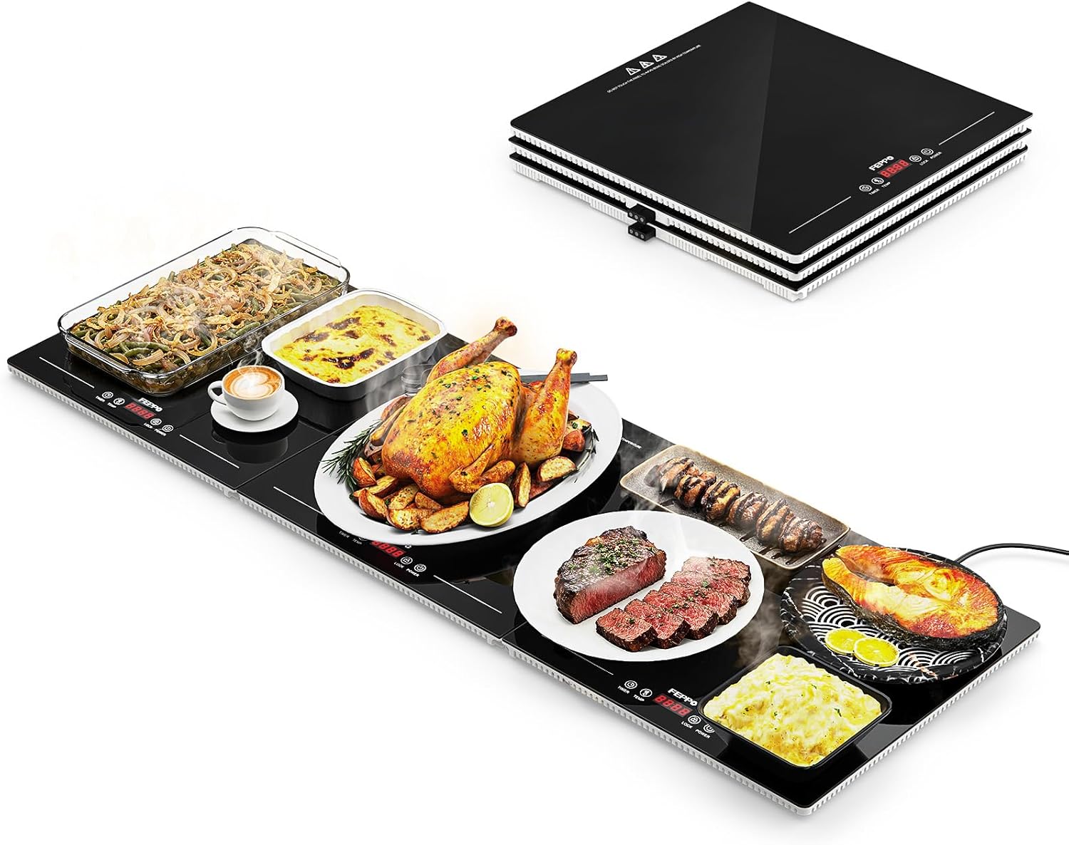 FEPPO Warming Trays for Buffets Party, Extra-Long 47"x15" 3-in-1 Modular Food Warmer with Independent Temp & Timer Control, Glass Food Warming Mat, Ideal for Catering & Gatherings