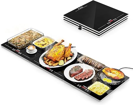 FEPPO Electric Warming Tray with Independent Temp Control, Extra Long 47"x15" Glass Surface Warming Mat for Food, 10 Temp Settings and Timer, 3-in-1 Food Warmers for Parties Buffet