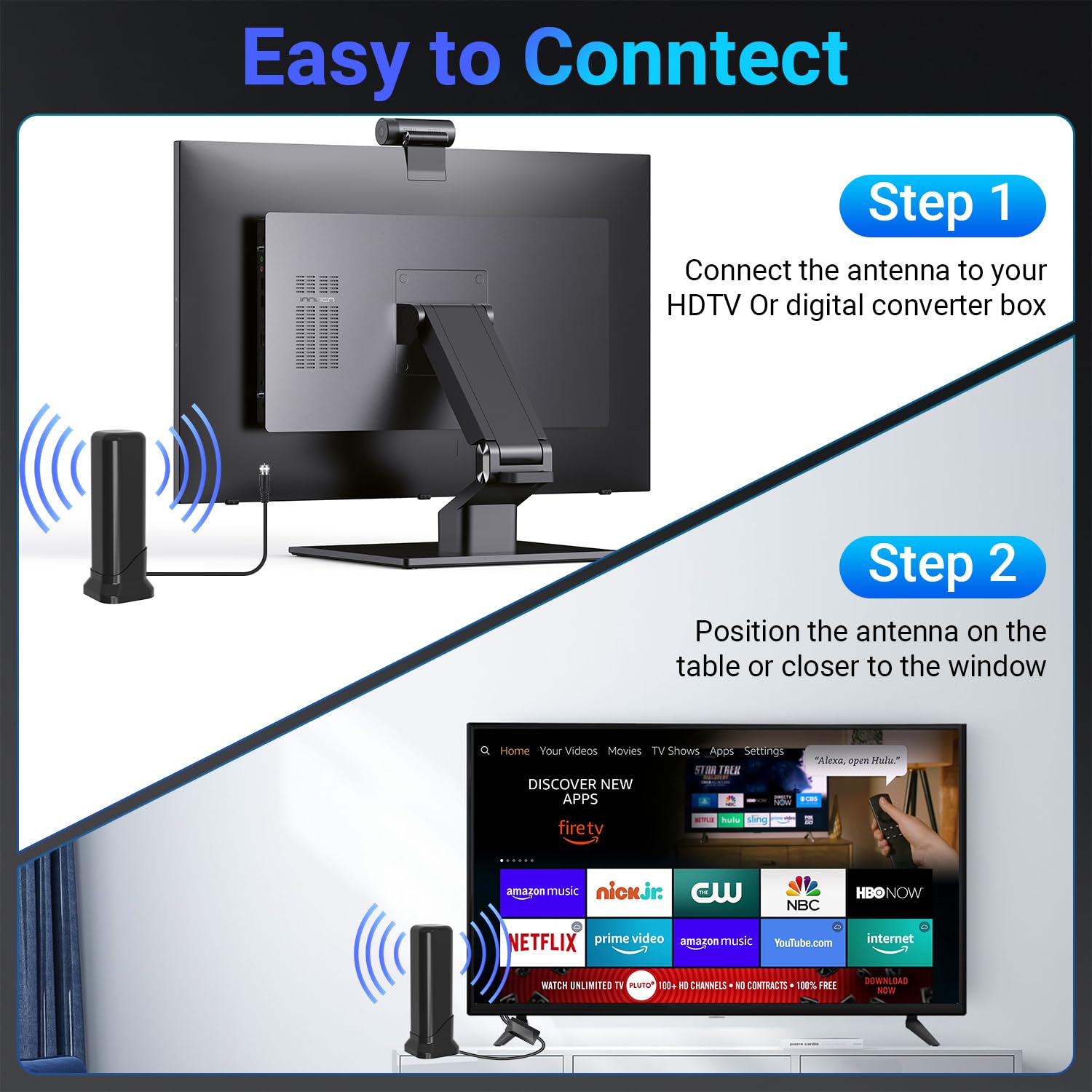 Antena de TV digital para Smart TV interior, antena de TV HD 2026 para canales locales con amplificador de señal y base magnética, antena de TV interior compatible con 4K 1080P VHF UHF, recepción de