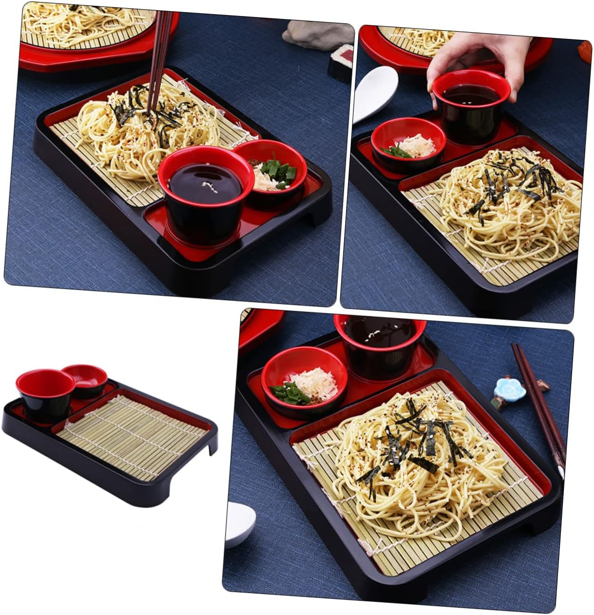 Japanese Style Cold Noodle Plate with Bamboo Mat, ABS Rectangular Tray