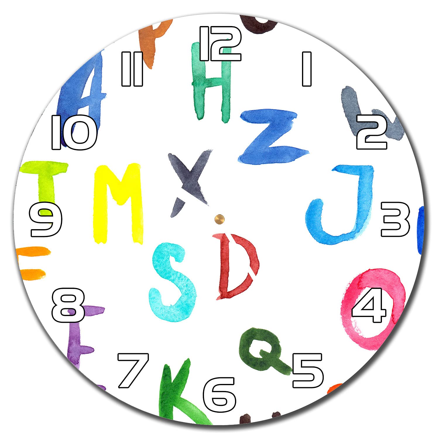 Horloge en verre 30 cm imprimée de lettres modernes avec aiguilles blanches