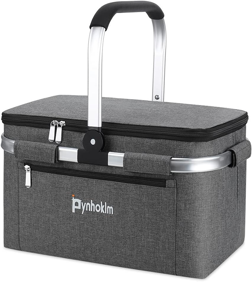 Pynhoklm Insulated Cooler Bag Large Insulated Picnic Basket Bag Collapsible Lunch Bag Box with Soft Sided for Camping/Outdoor Activities/Family Travel/BBQ/Shopping (Grey-22L)