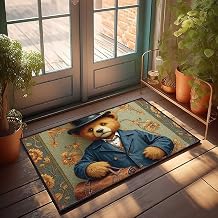 Kitchen Mat Vintage Teddy Bear in Formal Attire with Floral Background, Pool Decor Braided Foam Floor Mat for Cabin Living Room Bedroom40X60CM