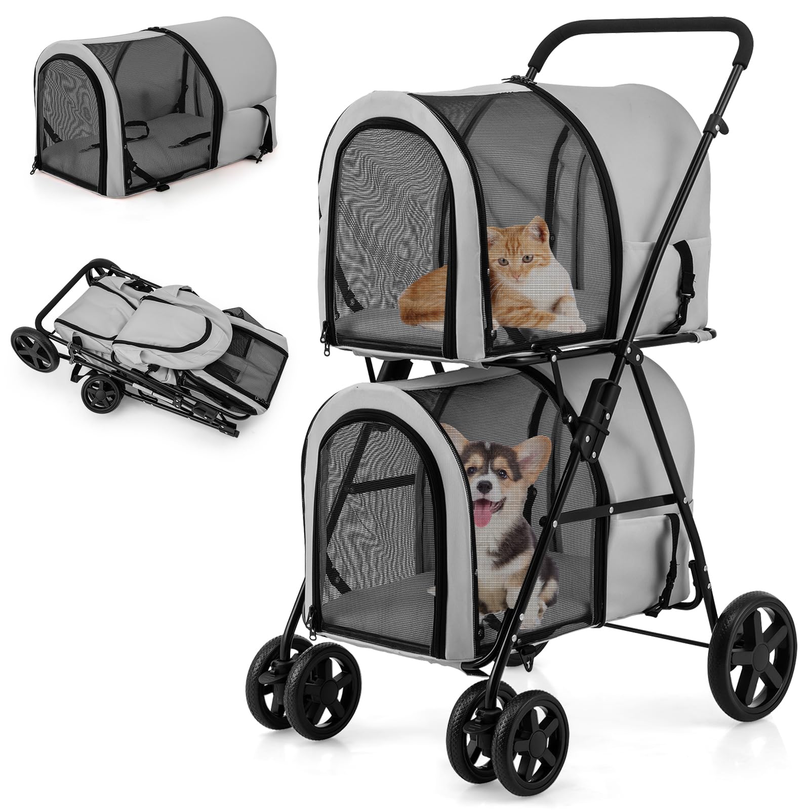 GYMAX 2 Etagen Hundebuggy, Katzenwagen für 2 Katzen/Hunde, Hundewagen mit 2 abnehmbaren Hundebox, Netzgewebe & 360° Drehrädern, faltbar Haustierwagen bis 16kg (Grau)