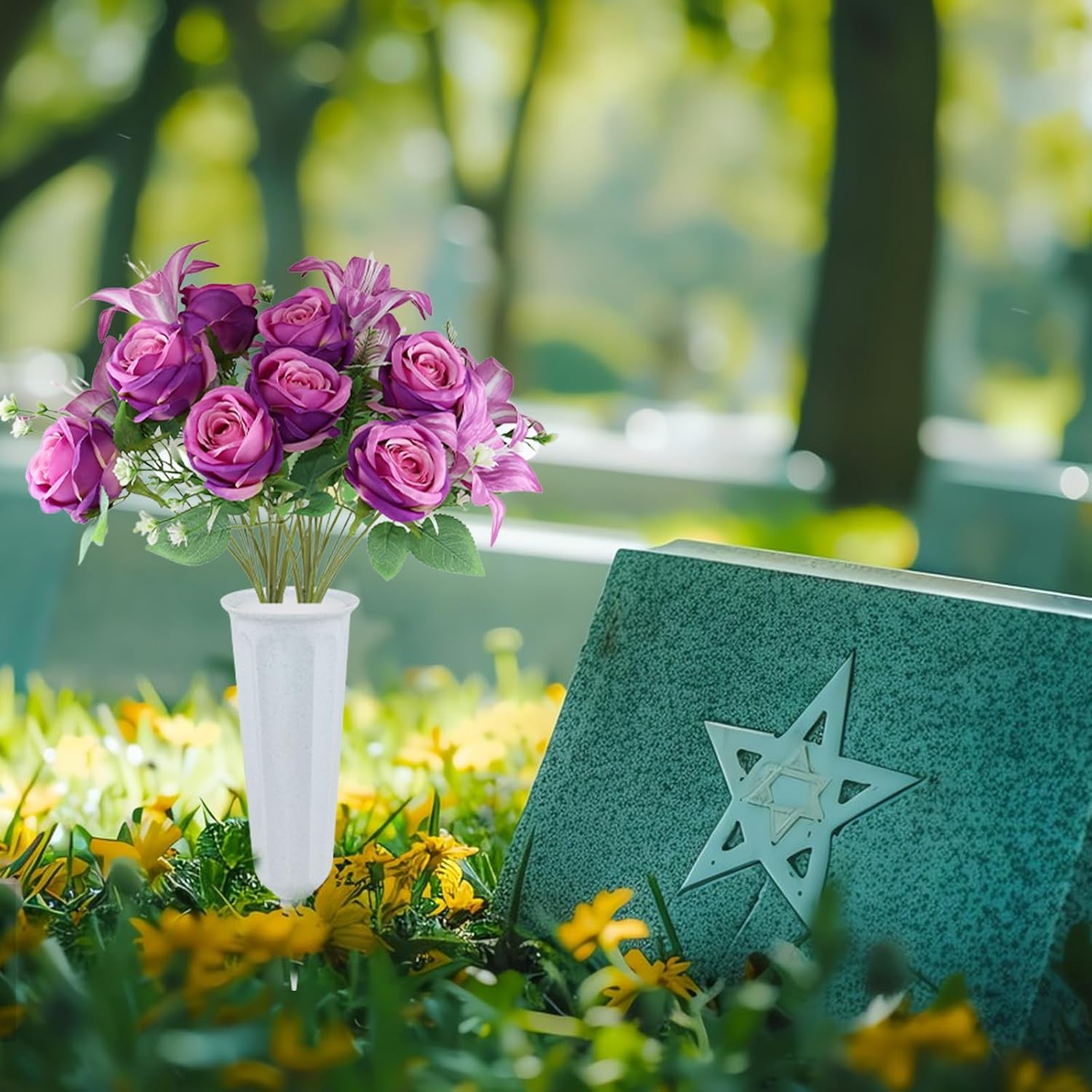 2 Set Artificial Cemetery Flowers with Grave Vase-2 Bunches Lilies & Rose Mixed Purple Silk Memorial Flowers-2 Cemetry Vase with Foam for Outdoor Headstones Gravesite Graveyard Decorations