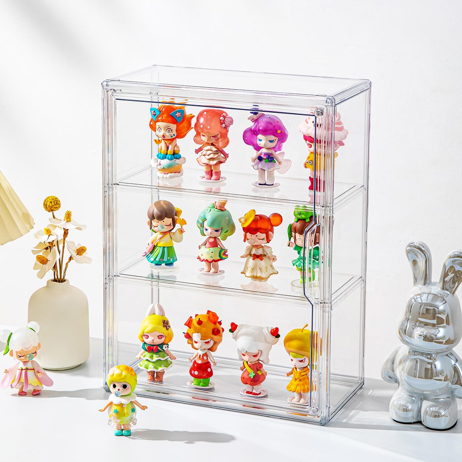 Confezione da 2 vetrine acriliche da collezione, vetrina trasparente in miniatura per figurine, montaggio a parete o scrivania, organizer per armadio a 3 livelli, vetrina a
