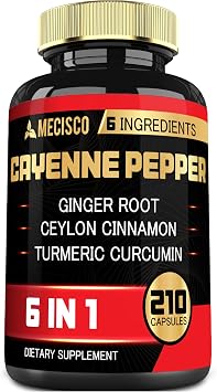 6in1 Cayenne Pepper Extract Capsules with Organic Turmeric Curcumin Root, Black Pepper, and More - 210 Capsules