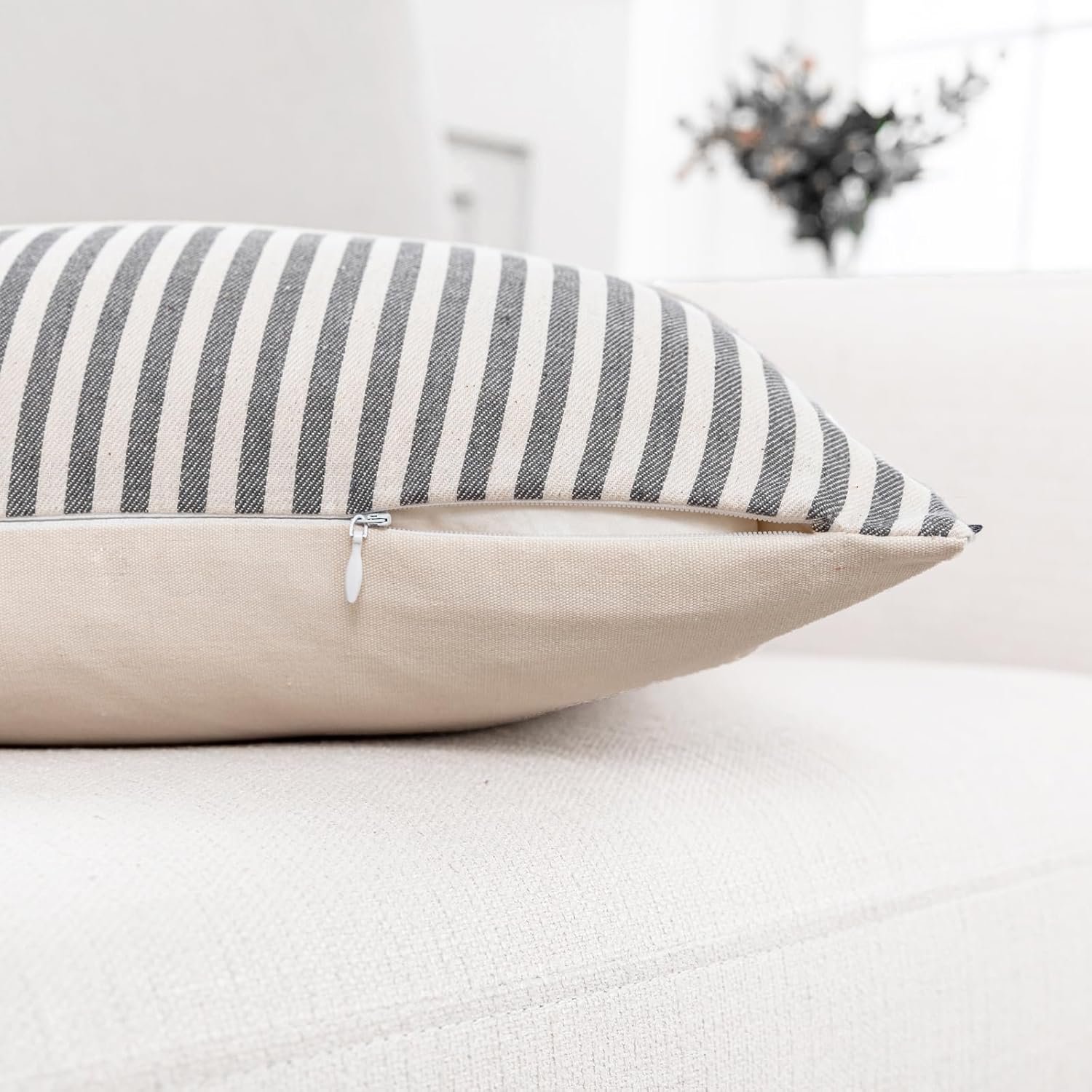 Farmhouse Stripe Throw Pillow Covers 20x20 Set of 2 Boho Accent Pillow Case, Faux Leather Modern Cushion Cover for Living Room Couch Bed Neutral Decor Pillowcase Beige and Brown