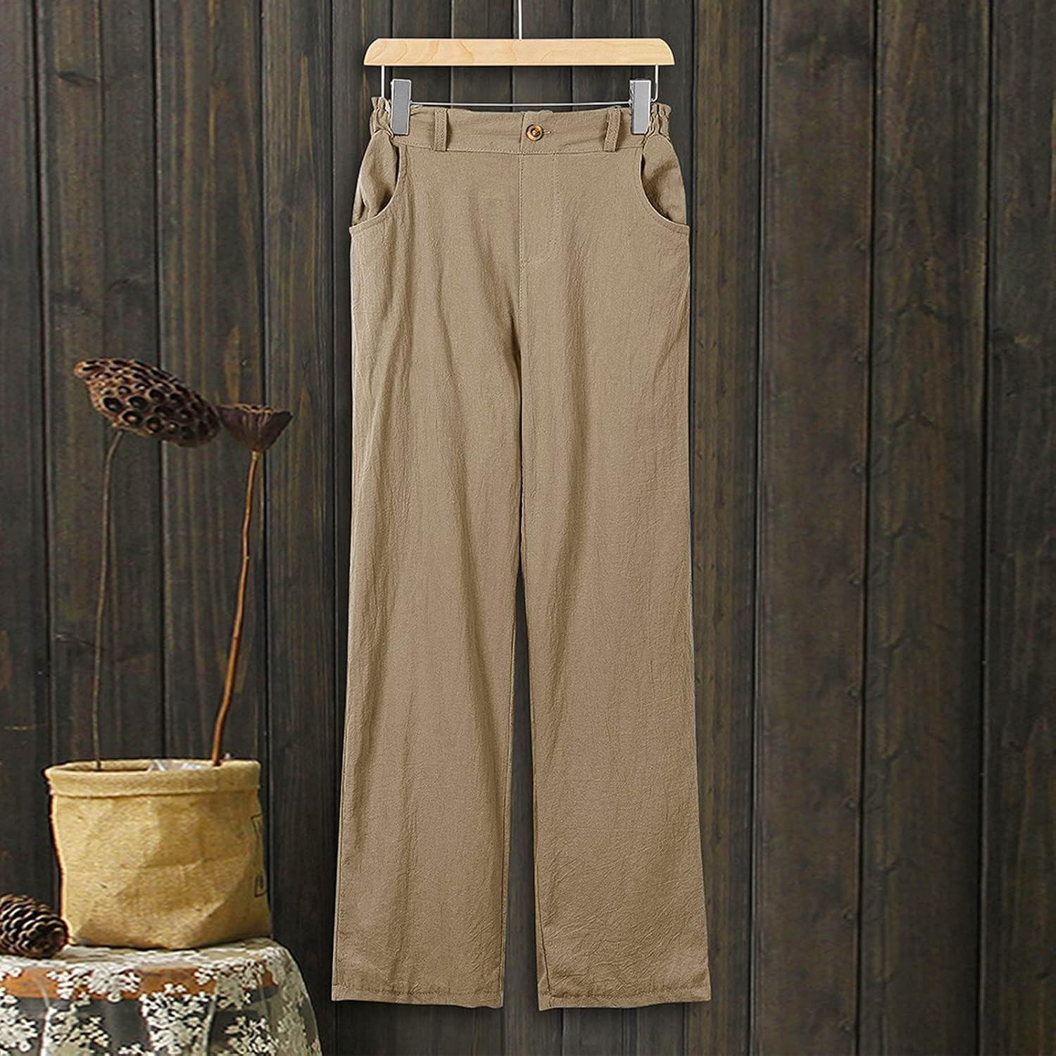 Leirke Womens Linen Buttons Cropped Pants High Elastic Waist with Pockets for Summer Casual Work Crop Pants Stretch Capris : Clothing, Shoes & Jewelry
