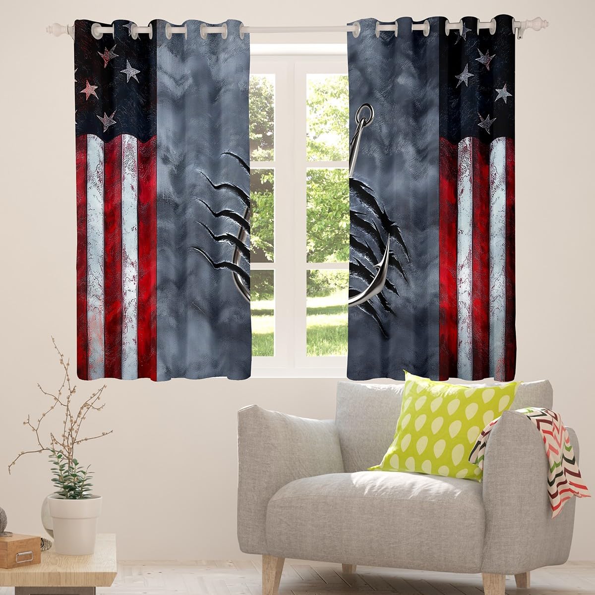 drapes with fish hooks Amazon.com: Manfei Fishing Hook Curtains for Living Room,Rustic Fisherman  Lake House Scratch Print Window Drapes Blackout,Retro American Flag Gray  Smoke Trippy Window Treatment 2 Panels,38Wx45L : Home & Kitchen