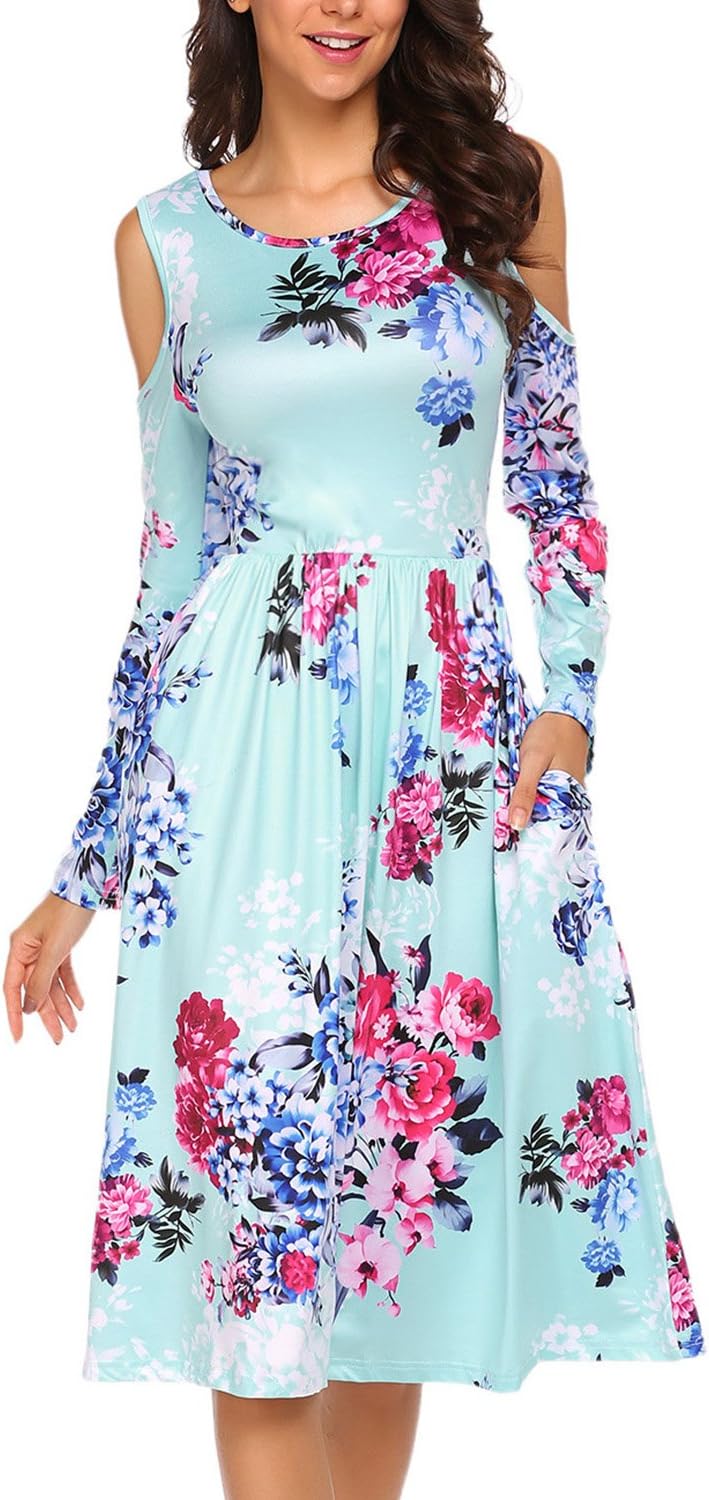 JQstar Women's Floral Print Cold Shoulder Casual Long Sleeve A-line Midi Dress(S, Green)