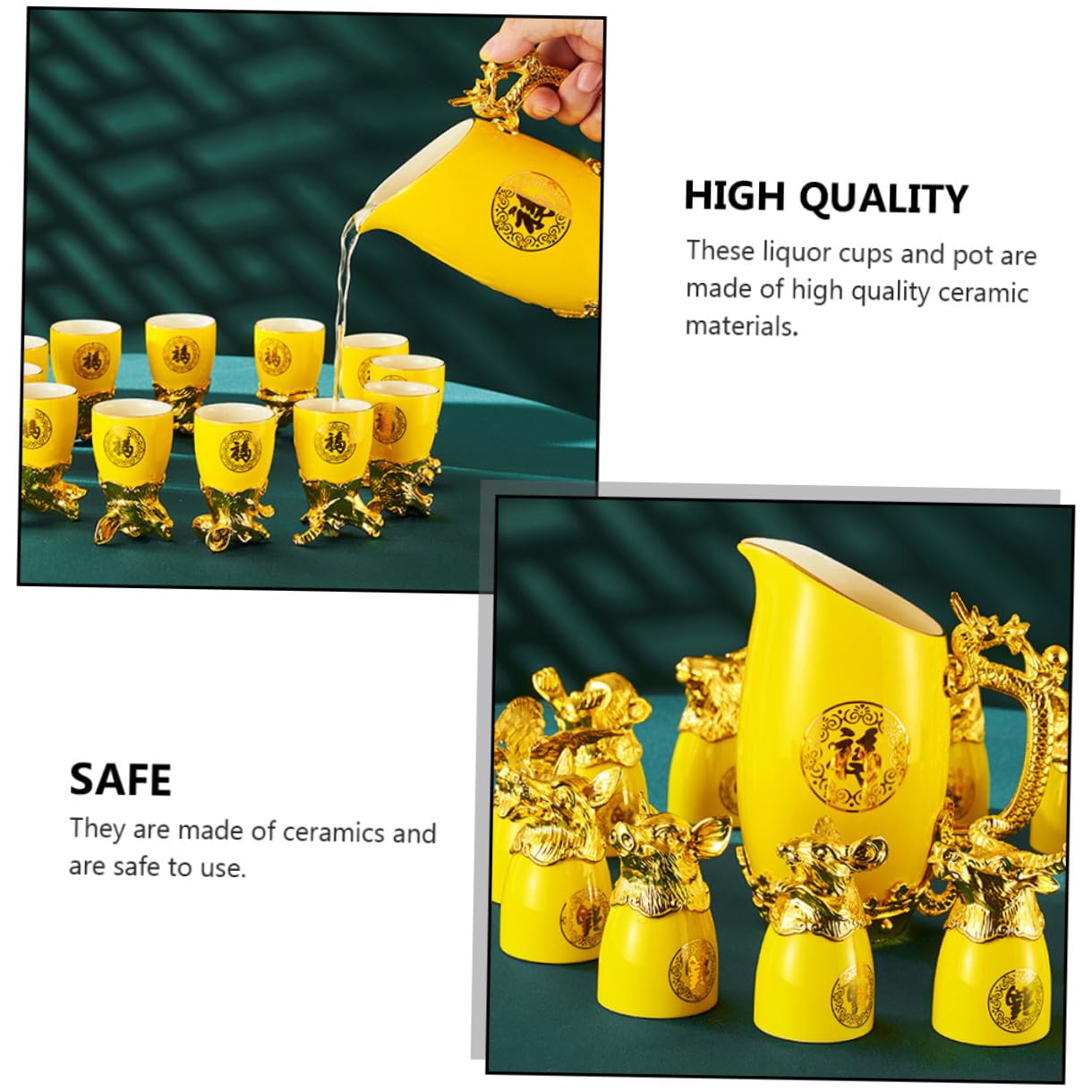Set di Bicchieri da Liquore in Ceramica Dorata Disegni dello Zodiaco Cinese, Elegante e Resistente, per Bar e Hotel, Include Caraffa Stili multipli