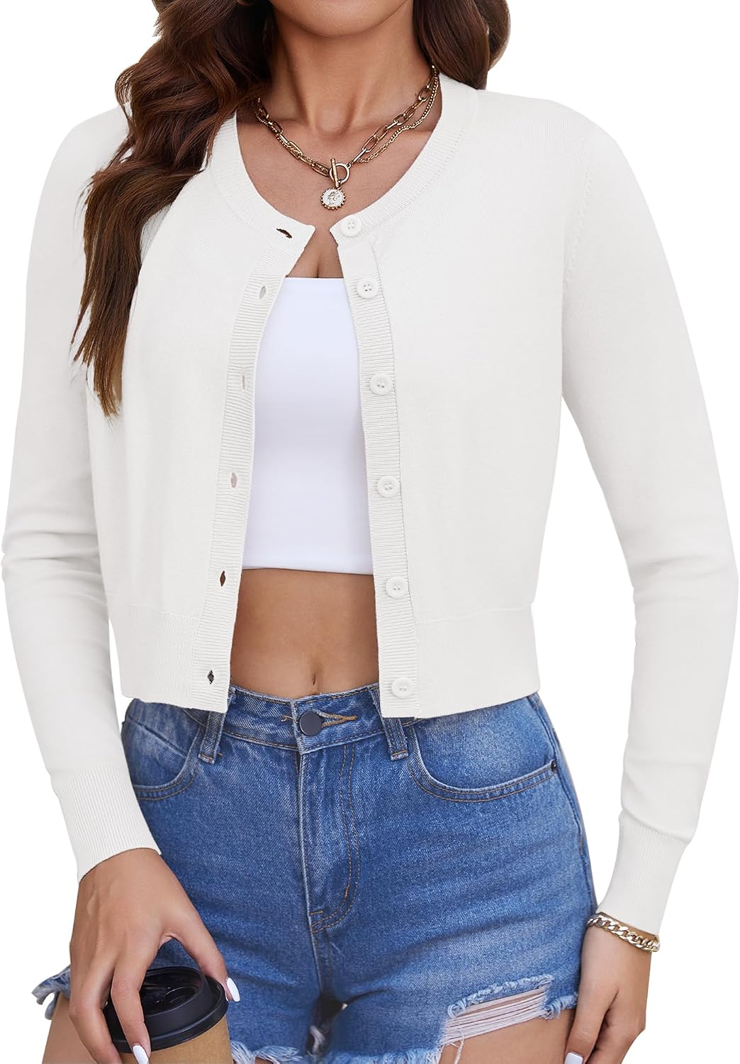 Women's Cropped Cardigan Sweaters Lightweight Summer Knit Bolero Shrug Crew Neck Long Sleeve Button Down Cardigan for Dresses