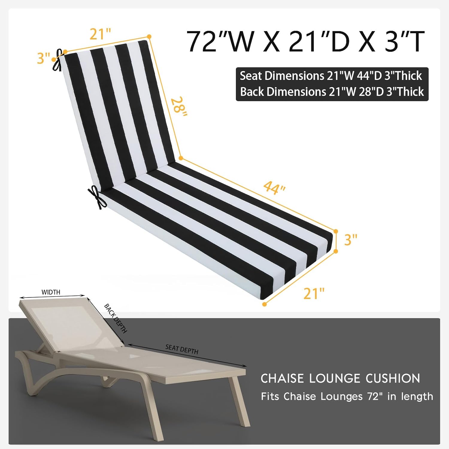 idee-home Chaise Lounge Cushions Outdoor, Lounge Chair Cushions for Patio Furniture Weather and Stain Resistant for Lawn Pool