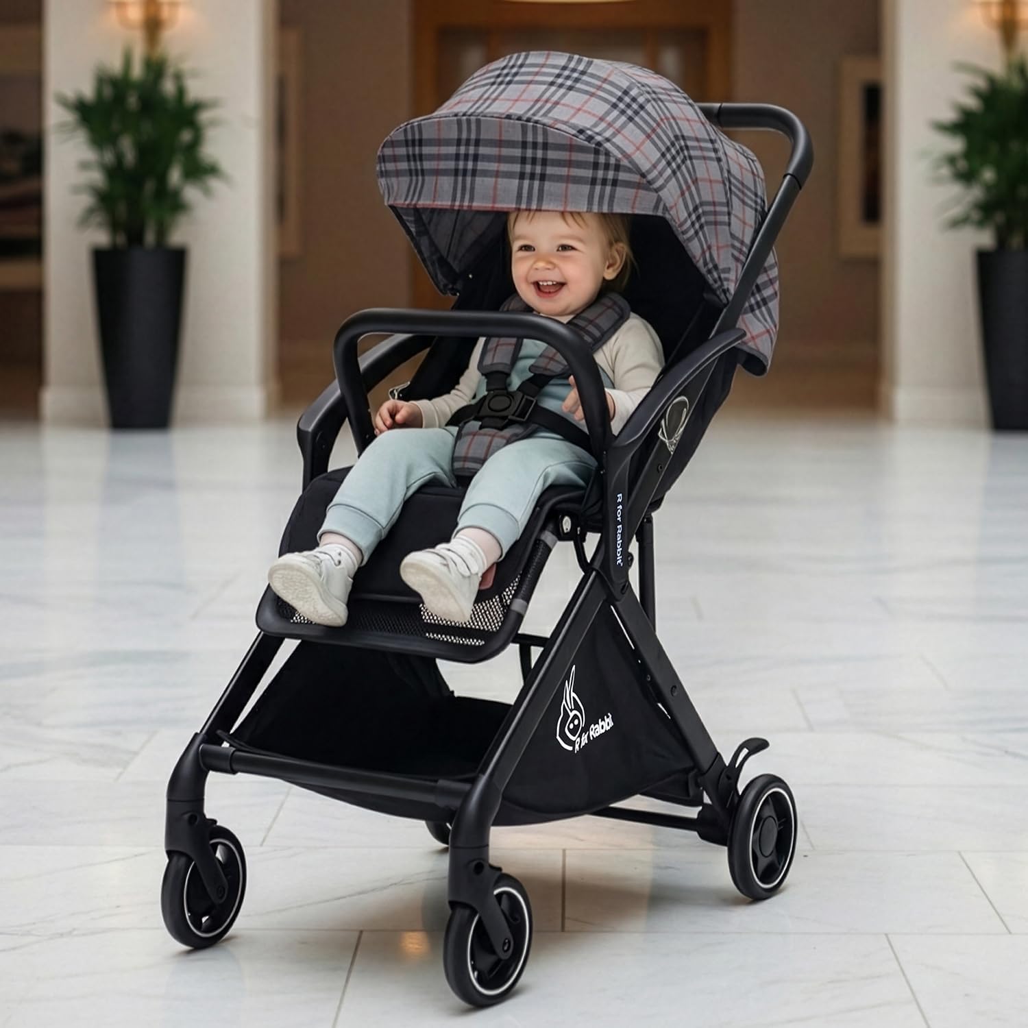 R for Rabbit Street Smart Aero Light Weight Newborn Baby Stroller|Aluminum Frame Pram with One Hand Collapsible Fold|Travel Friendly Stroller for 0-3 Years for Babies Grey Stripes
