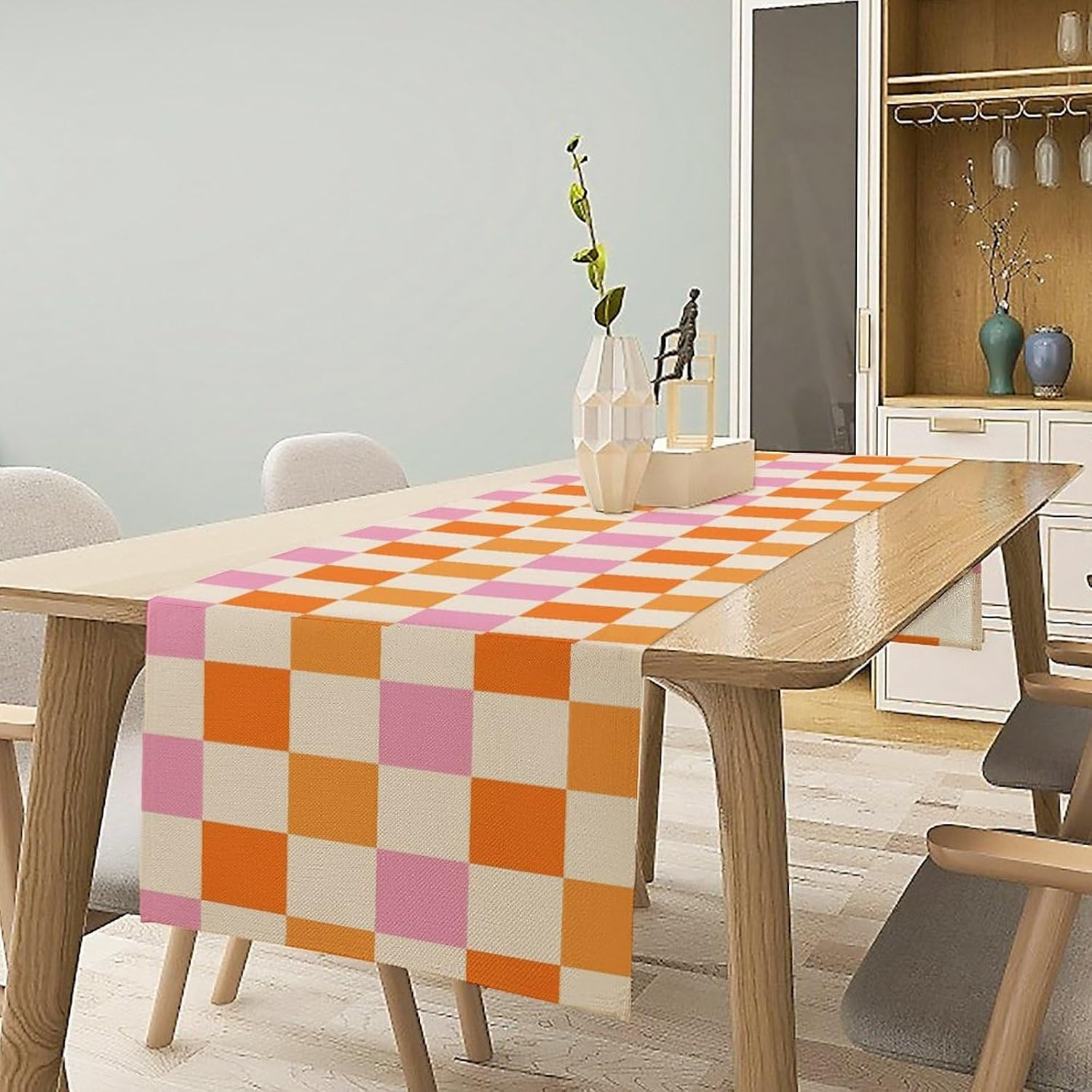 Hippie Table Runner Vintage Geometric Square Grid Yellow Orange Pink 1960s 1970s Retro Country Farmhouse Dinner Runner for Living Room Kitchen Party Holiday Dinner Home 13x90in