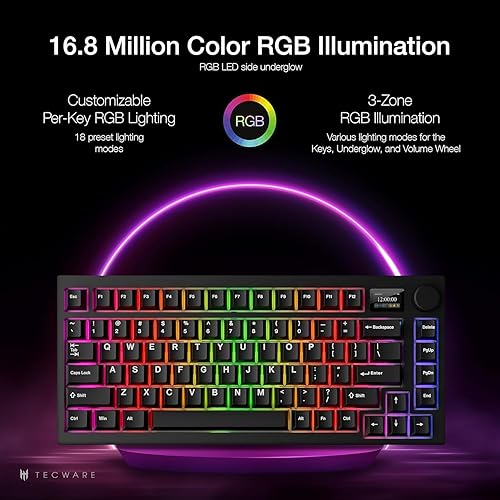 Miniatura 6 de TECWARE Spectre Teclado mecánico para juegos 75% RGB  Pantalla LCD personalizable  Inalámbrico de tres modos con perilla  Montaje en junta  Enchufes